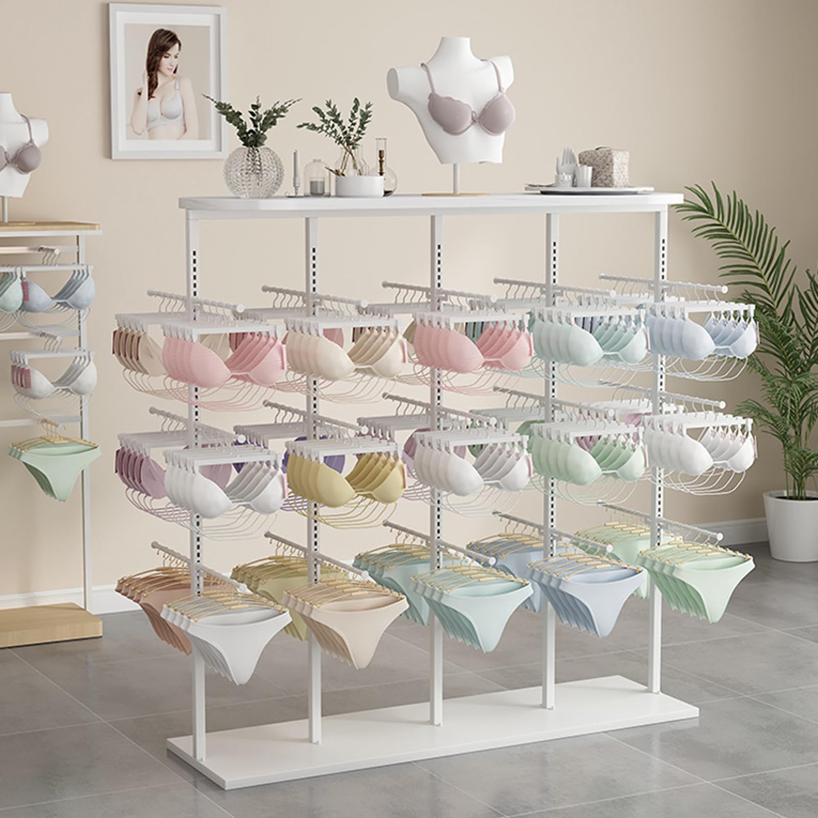 DETMOL Three-tier adjustable lingerie display stand, freestanding metal hangers for clothing stores, storage stand for bras, panties and scarves, hanger display stand for retail stores and boutique