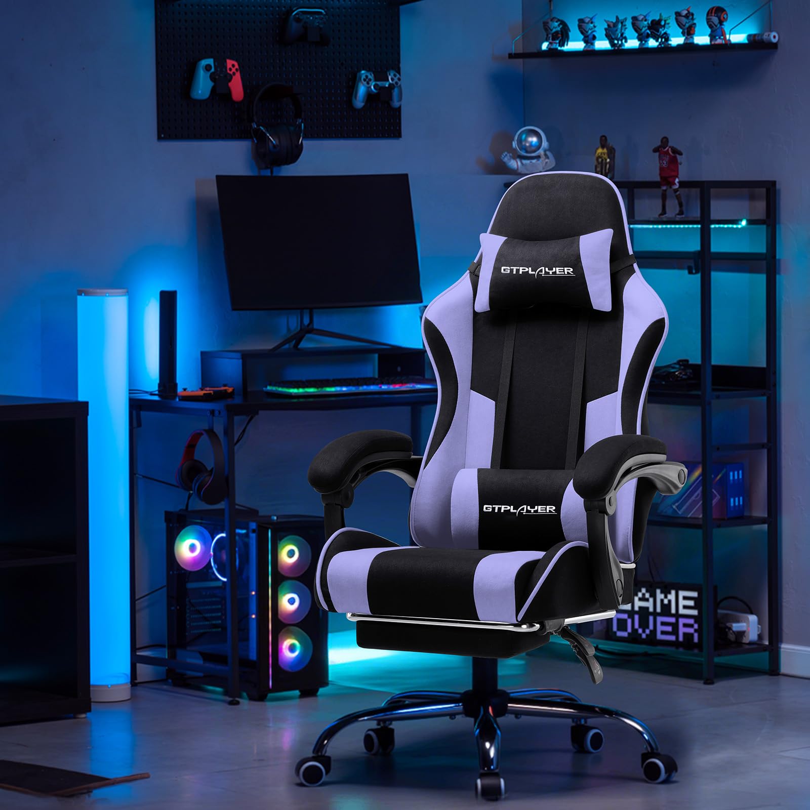 GTPLAYER Silla para Videojuegos, Silla de Oficina, Silla ergonómica para PC, sillón de Gaming con Soporte Lumbar de Masaje, sillas de tareas con reposapiés y reposacabezas, Tela Morada