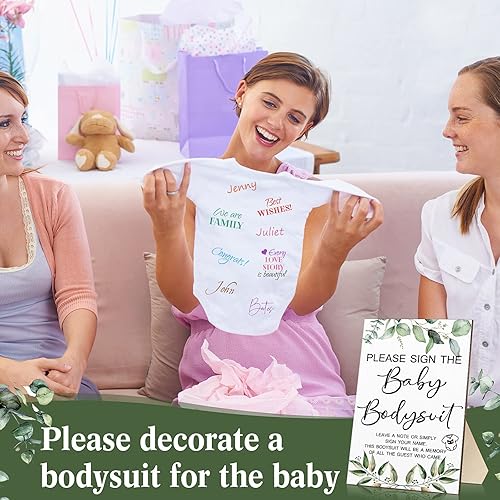 Miniatura 6 de Qunclay 12 piezas de recuerdos de fiesta de juego de baby shower con body blanco unisex, letrero de madera, decoración de mesa y marcador para