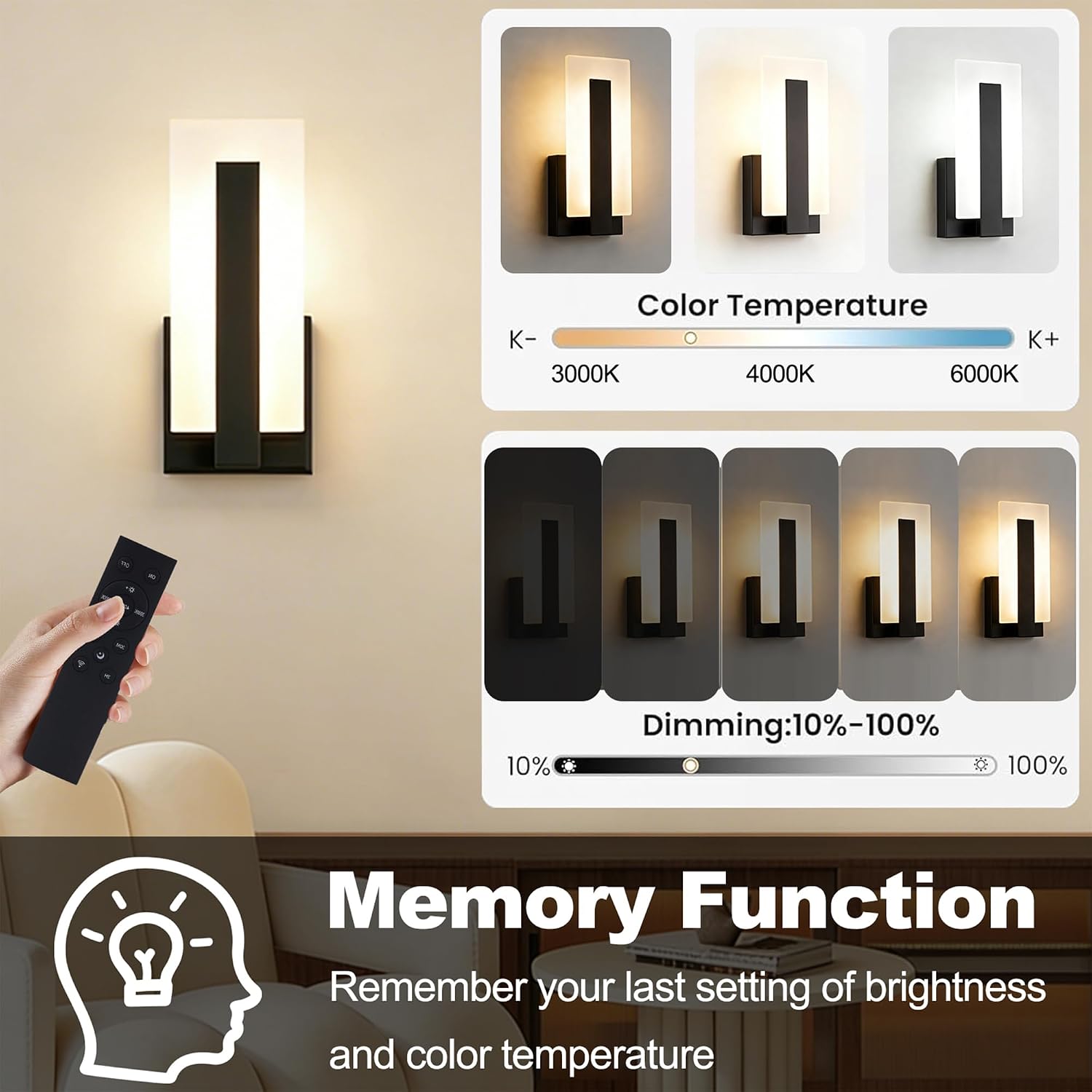 Battery Operated wall sconces Set of 2,3 CCT Dimmable Rechargeable Wireless Wall Light with Remote,Modern Black LED Wall Sconce Lighting for Hallway, Bedroom, Living Room image 4