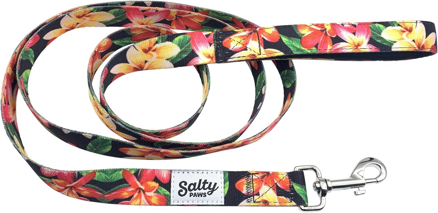 Salty Paws Floral Print Dog Leash Heavy Duty Padded Handle for Small, Medium, Large Dogs Matching (Medium 6' for Dogs 25-50 LBS., Blue Plumeria)