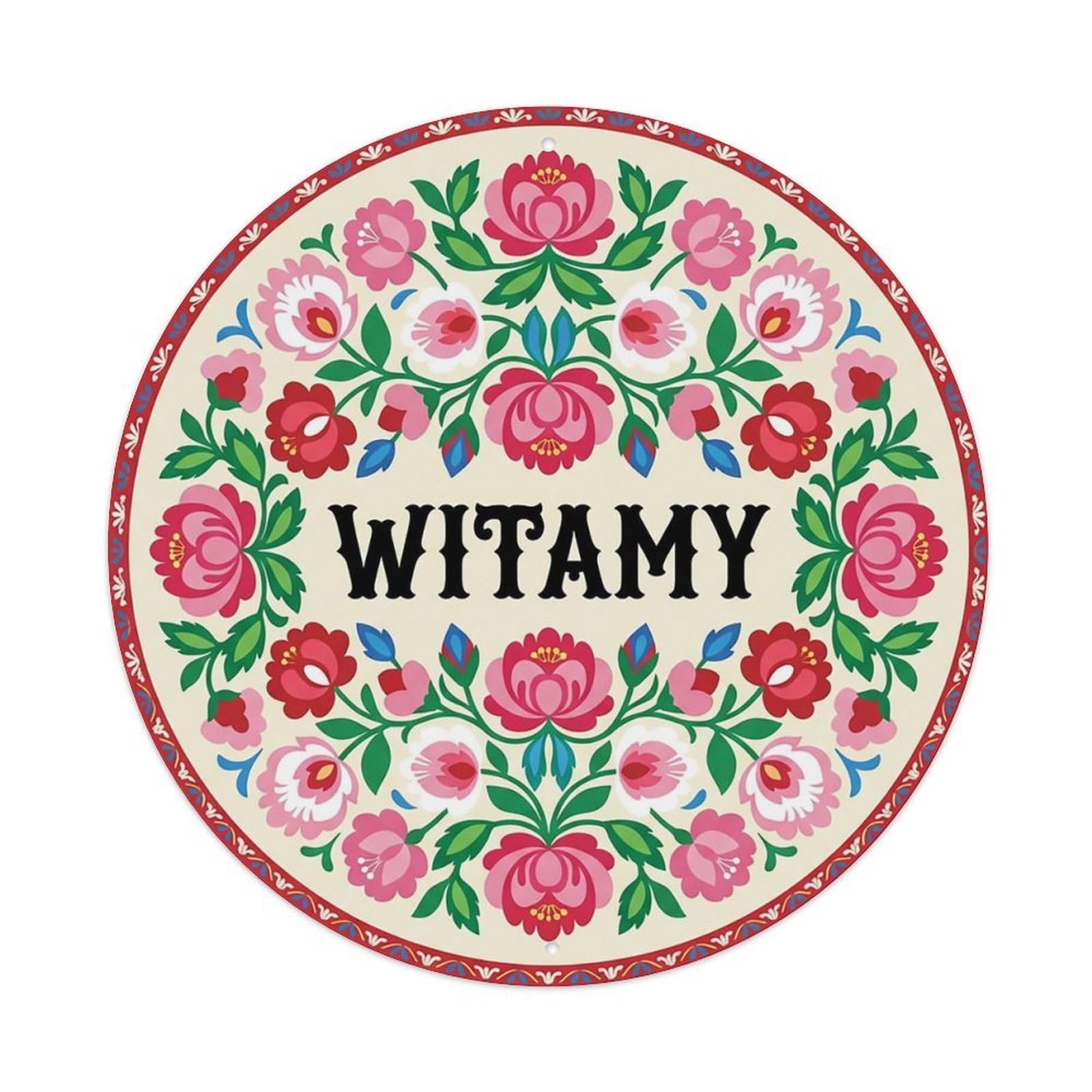 Vintage Polish Folk Art Witamy Welcome Peony Garden Metal Tin Sign
