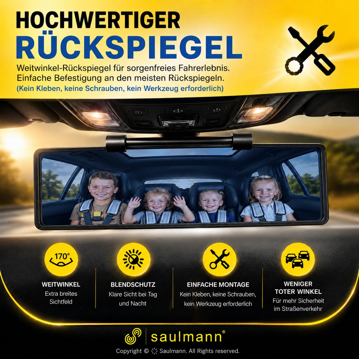 SAULMANN Rétroviseur panoramique pour voiture - Grand angle - 308 x 78 mm - Universel à clipser - Protection contre l'éblouissement - Bonne solution pour les angles morts - Pour voitures, SUV, camions