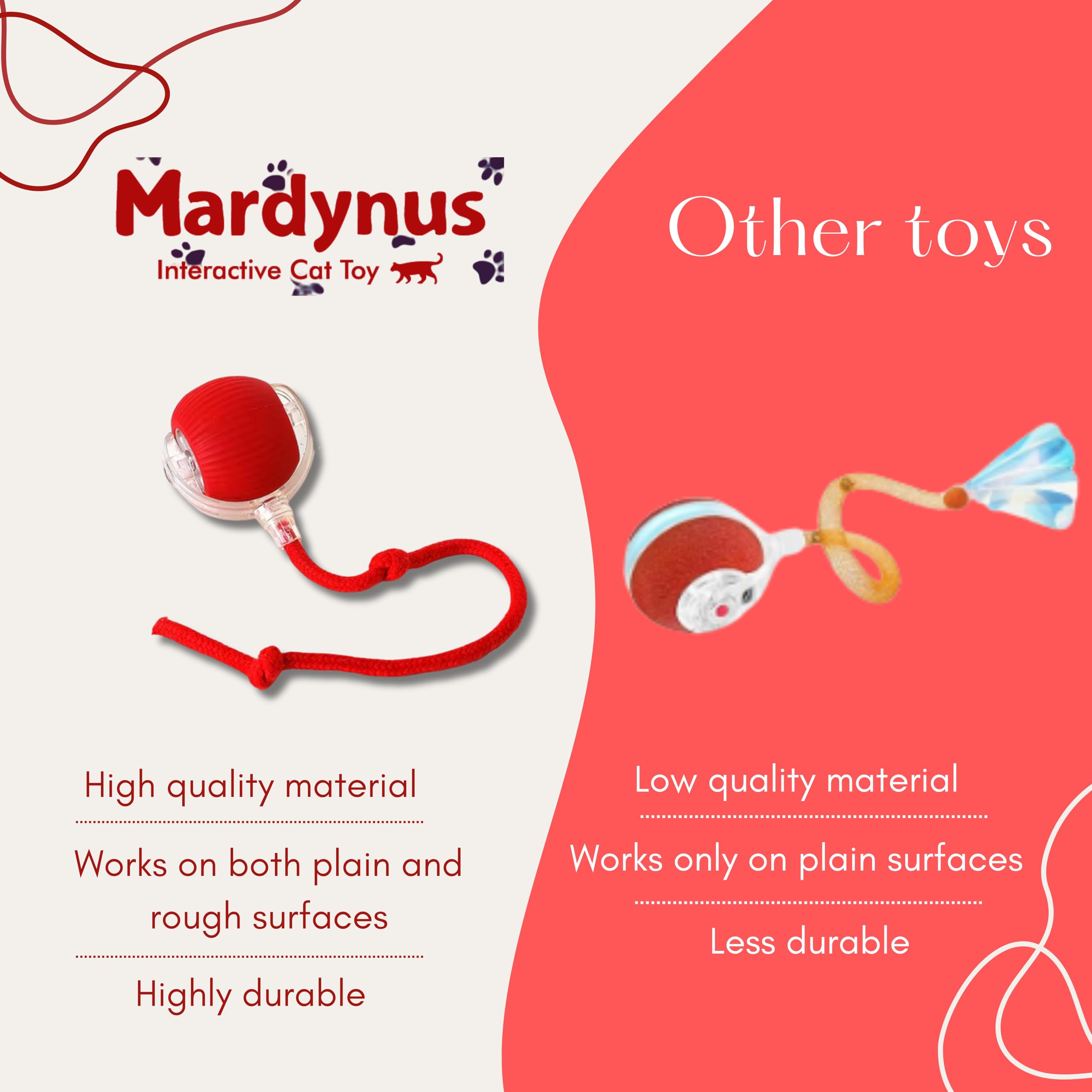 MARDYNUS Speedy Tail 2.0 Cat Toy, 360°Automatic Rolling Ball, Smart Interactive Cat Toy, Smart Jumping Ball for Dogs, Speedy Tail 3.0, Automatic Dog Walker (Red) 3
