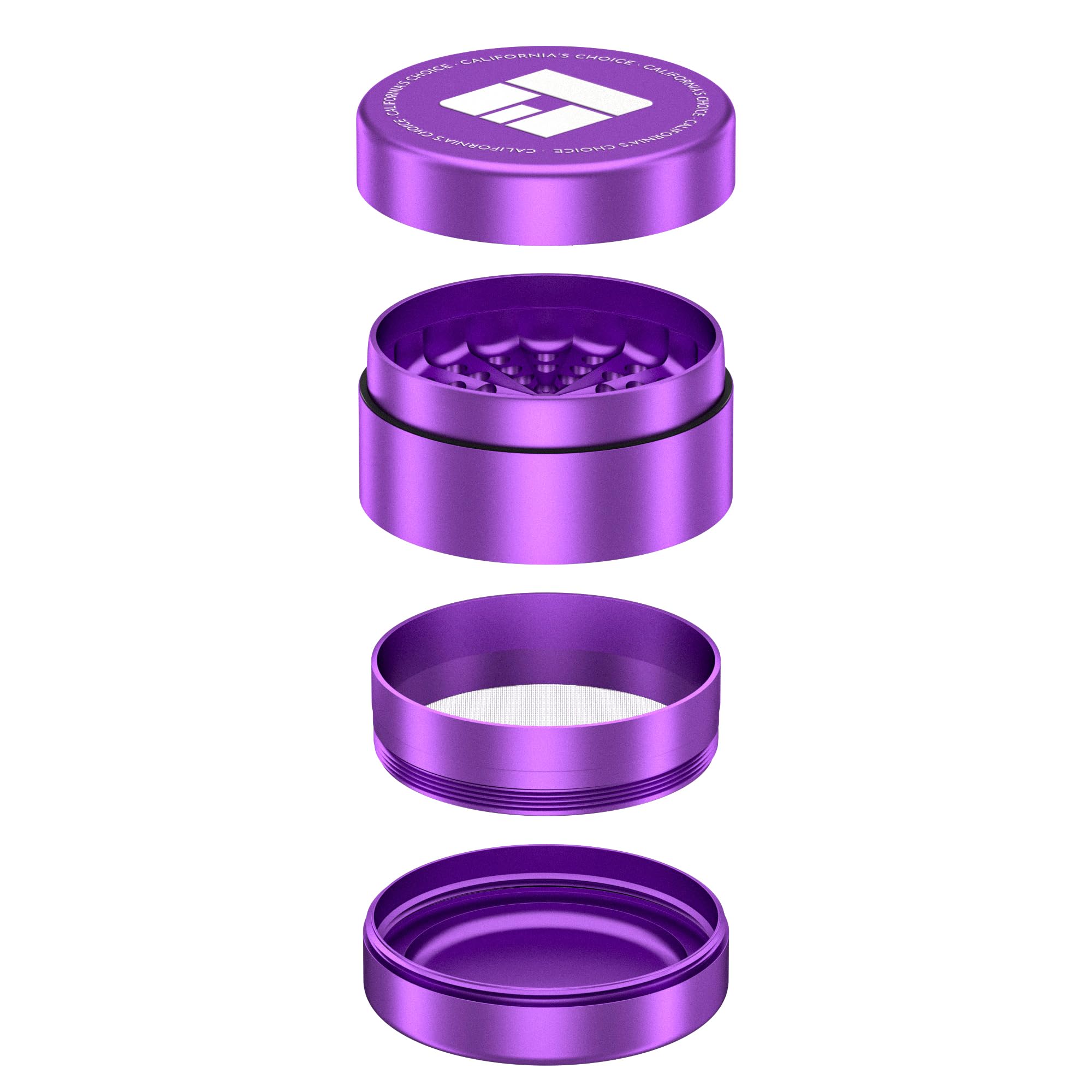 Premium Toothless Grinder Hollywood 2.0 Lila | Zahnlos | Aluminium in Raumfahrtqualität | 4 – teilig | Blüten (Flower) Mühle (Mill) | Inkl. Feinsieb & Pollenfach | Original California's Choice