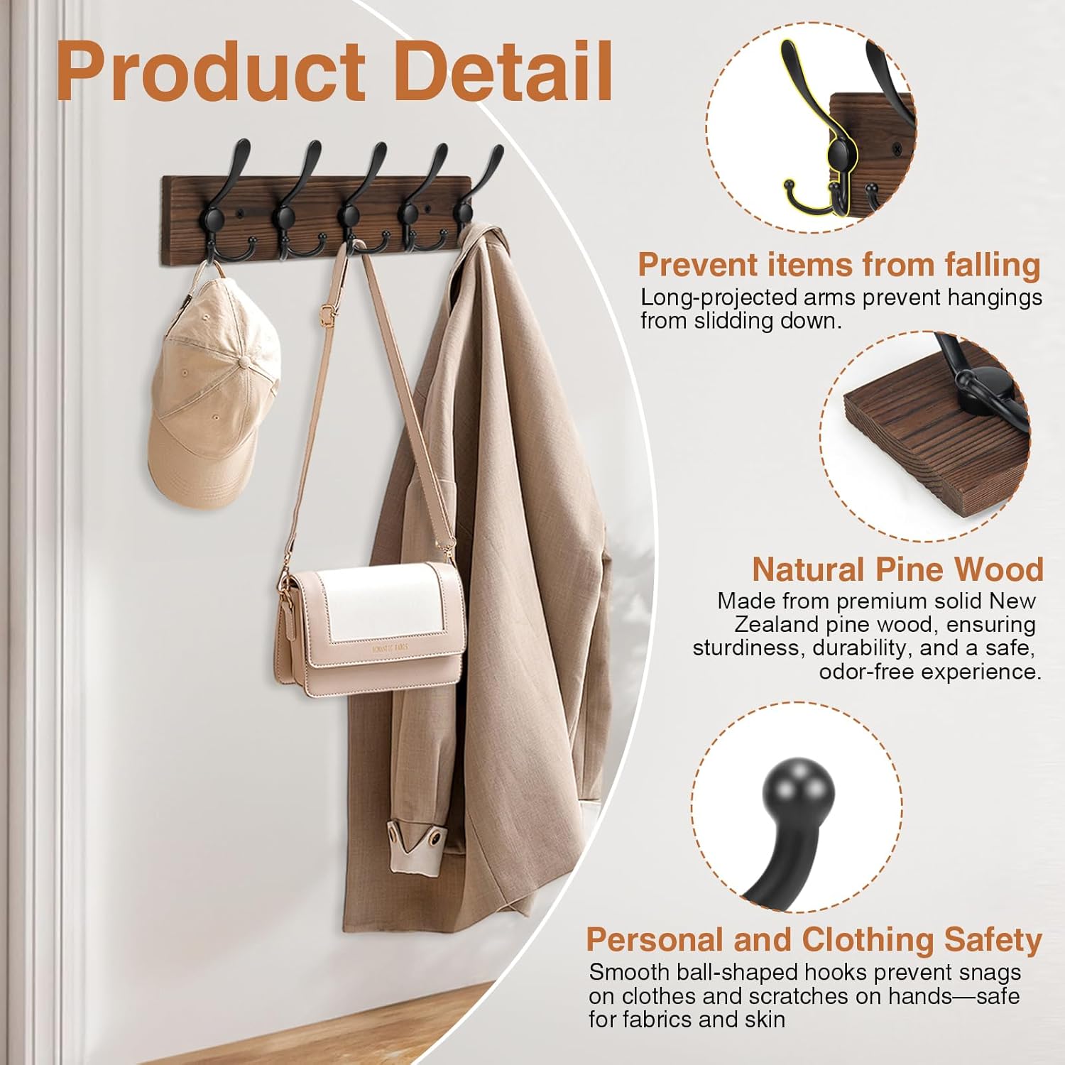 Wooden Coat Rack Wall Mount Heavy Duty, 2 Pack Coat Hanger Wall Mount with 5 Triple Hooks for Clothes, Jacket, Hat, Keys, Space Saving Entryway Organizer for Mudroom (Brown Plate & Black Hooks) - Image 4