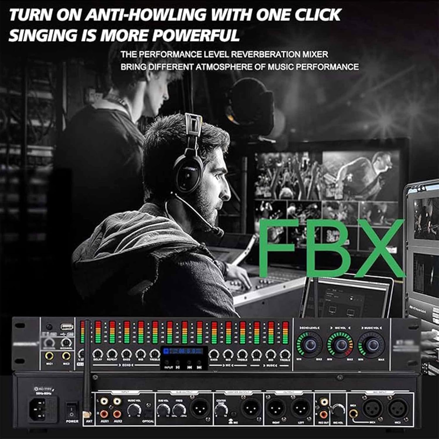 Ecualizador de audio digital, preamplificador profesional con interfaz de micrófono de 5 canales, antiaullidos con un solo clic, ajustes de micrófono/música/reverberación independientes para eventos
