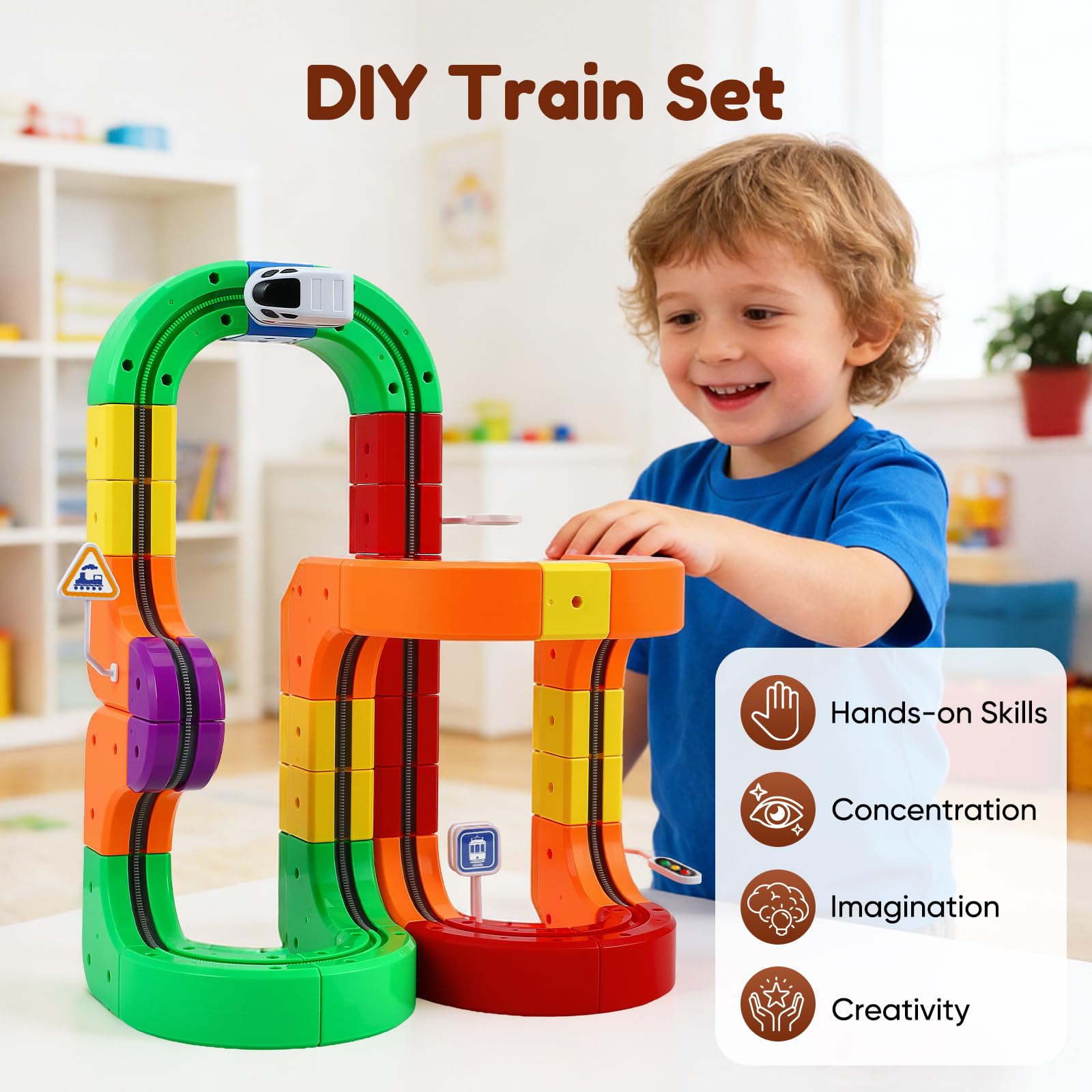 Set di treni cubici Magic Rail da 123 pezzi, set di treni elettrici, layout 3D incorporati, pista da corsa flessibile, giocattolo per la costruzione di auto motorizzate che sfidano la gravità