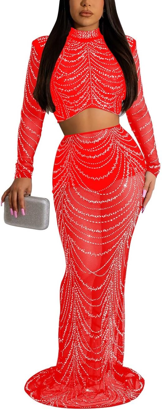女性のキラキララインストーン 2 ピース衣装セクシーなメッシュシースルー長袖クロップトップとスキニーマキシスカートパーティーセット
