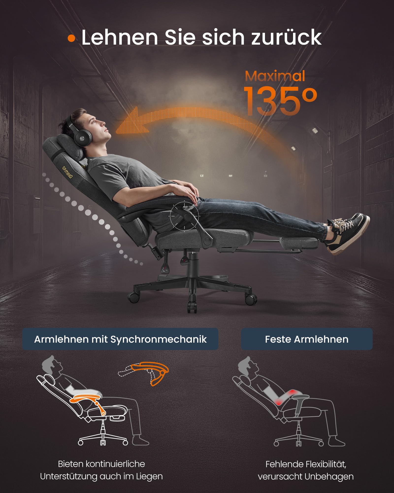SONGMICS HOME Gaming-Stuhl, ergonomischer Computerstuhl mit Fußstütze, Bürostuhl, Drehstuhl mit Kopfkissen, Baumwoll-Leinen-Mischgewebe, höhenverstellbar, Taubengrau OBG072G01