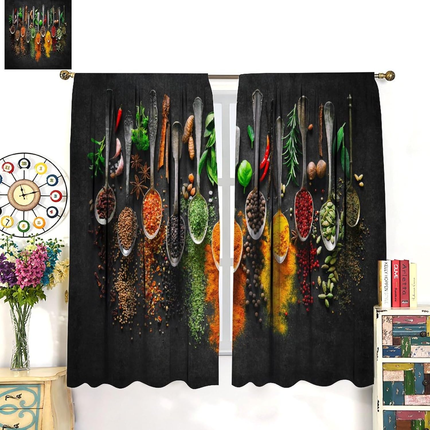 Colorful Spices Kitchen Curtains Cooking Herbs Spices Rustic Art Printed Blackout Rod Pocket Window Treatment Drapes for Living Room Bedroom W26xL84in 2 Panels