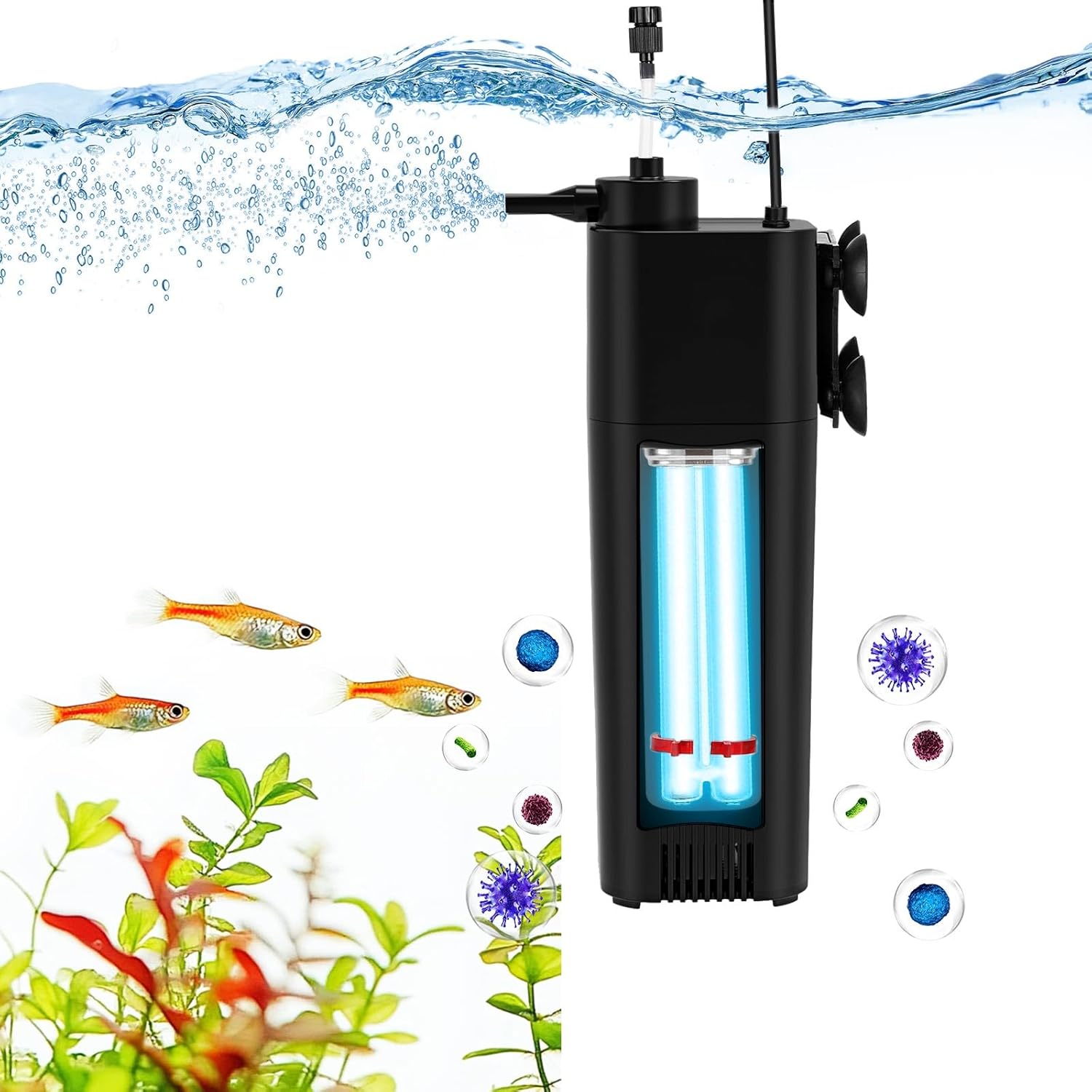 fishkeeper Filtro de acuario U-V para 10-75 galones, filtro de tanque de peces de 132 GPH para agua verde y limpieza de algas, filtro de bomba