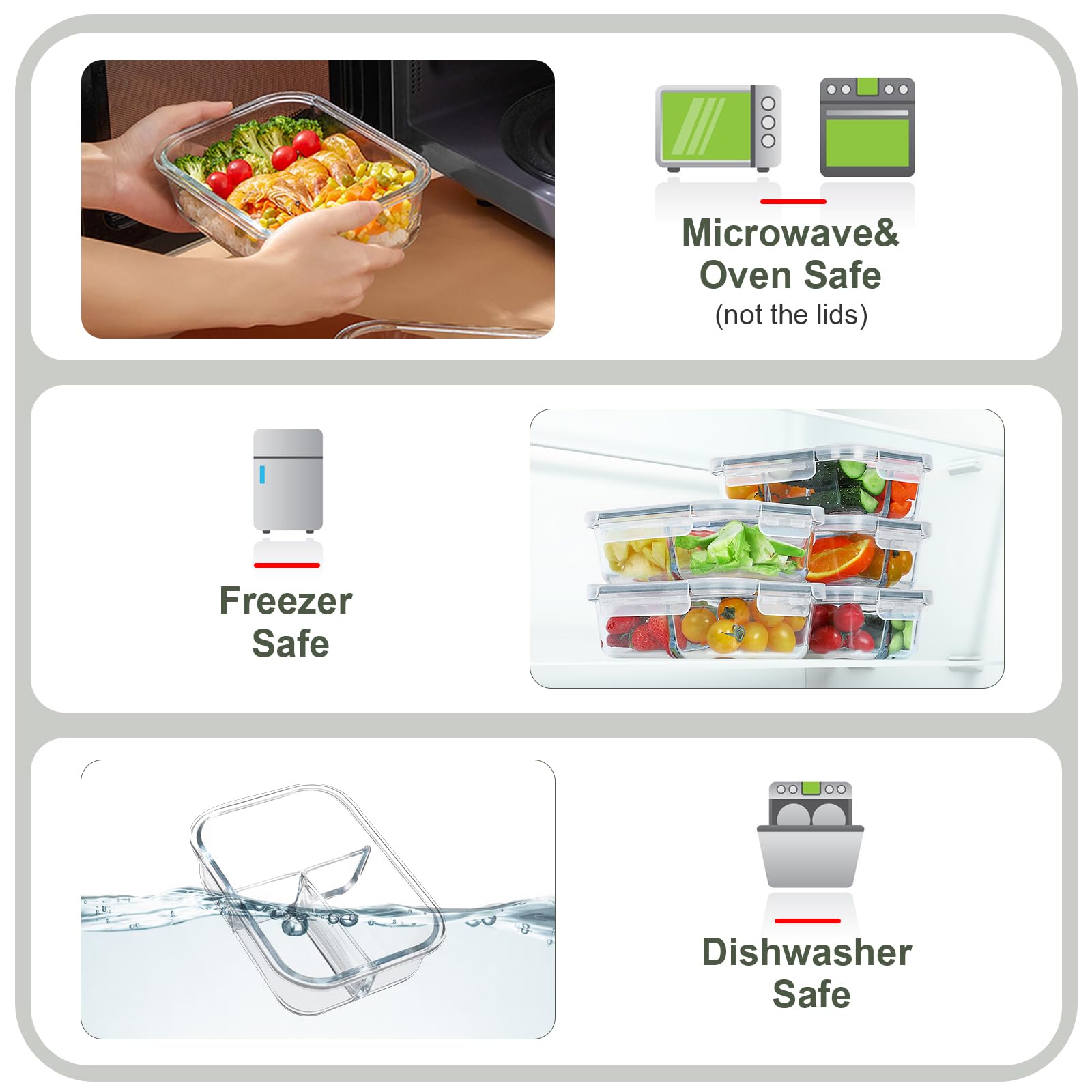 BAYZZ Paquete de 5 recipientes de vidrio de 35 onzas para preparación de comidas, 3 compartimentos, recipientes de vidrio para almacenamiento de alimentos con tapas, caja bento hermética, recipiente
