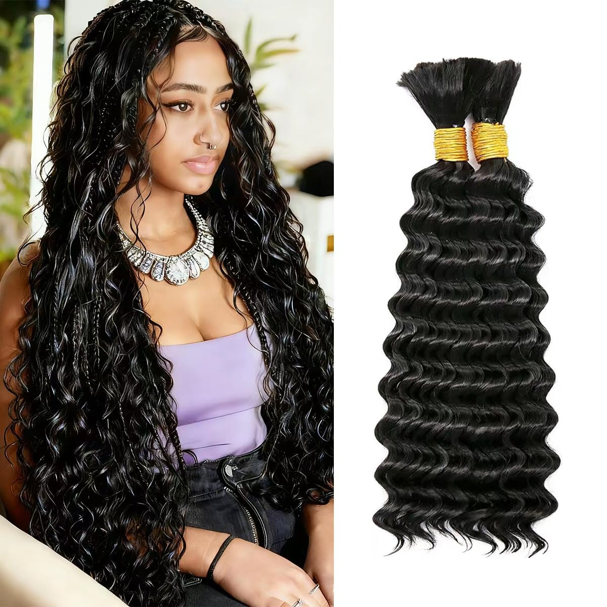Human Braiding Hair for Boho Braids 100% virgin Human Hair 110g 16-24 Inch Curly Knotless 12A Deep Wave Bulk Bohemian Braiding Hair for 2 Bundles/Pack Extensions (Natural Black-Deep Wave, 24 Inch)