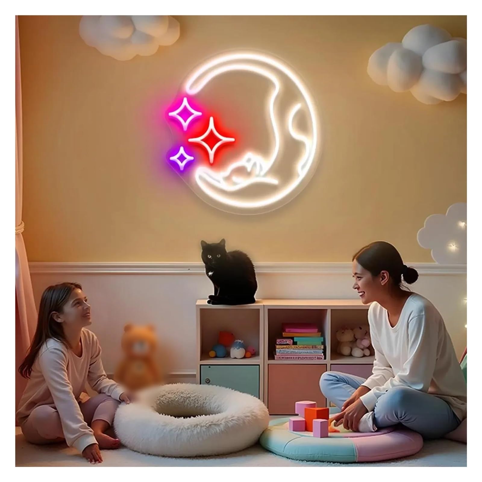 Decoración Lámparas Letrero De Neón Con Diseño De Gato, Luna, Estrella Y Animales Para Habitación Infantil. Lámparas Decorativas Para Habitaciones Infantiles 45cm(UN)
