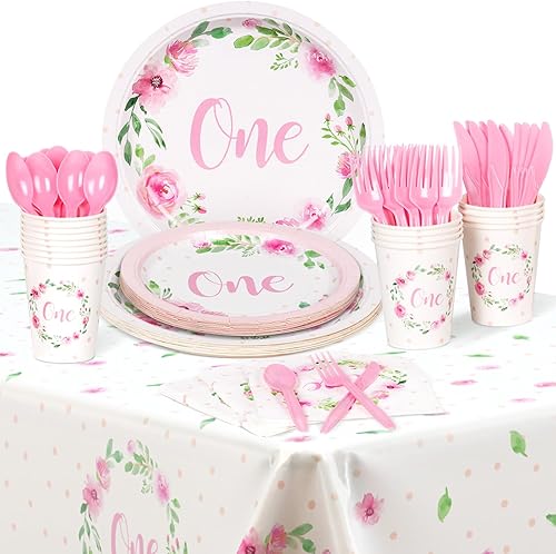 Miniatura 2 de DECORLIFE Juego de 113 platos y servilletas de primer cumpleaños para niña, decoración de primer cumpleaños, incluye platos de papel floral, mantel,