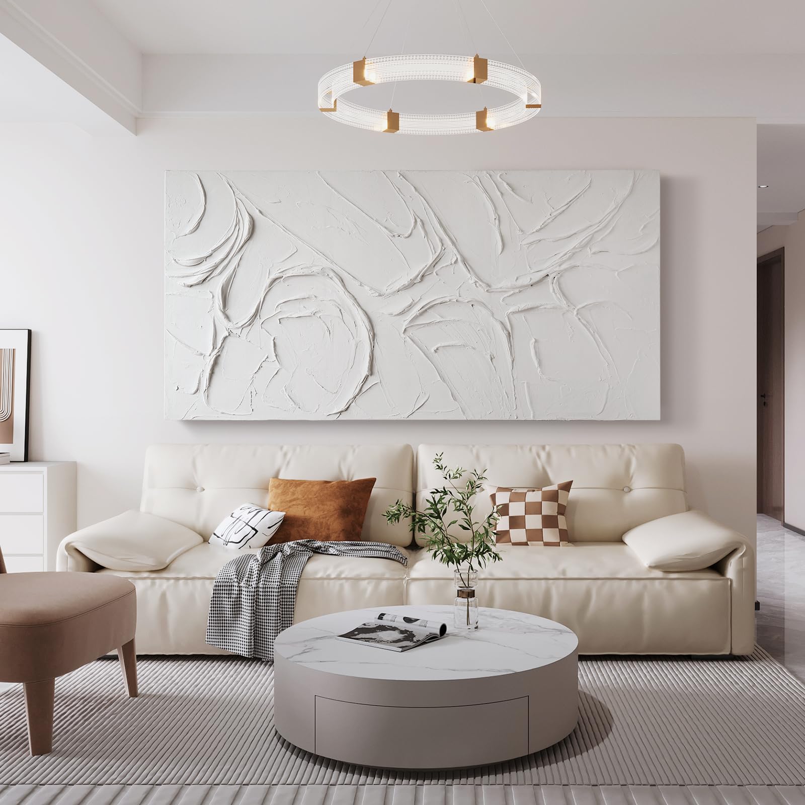 Arte de pared abstracto con textura pintada a mano, lienzo blanco, pintura al óleo moderna, 58 x 29 pulgadas, contemporánea, minimalista, grande, decoración de pared horizontal/vertical 3