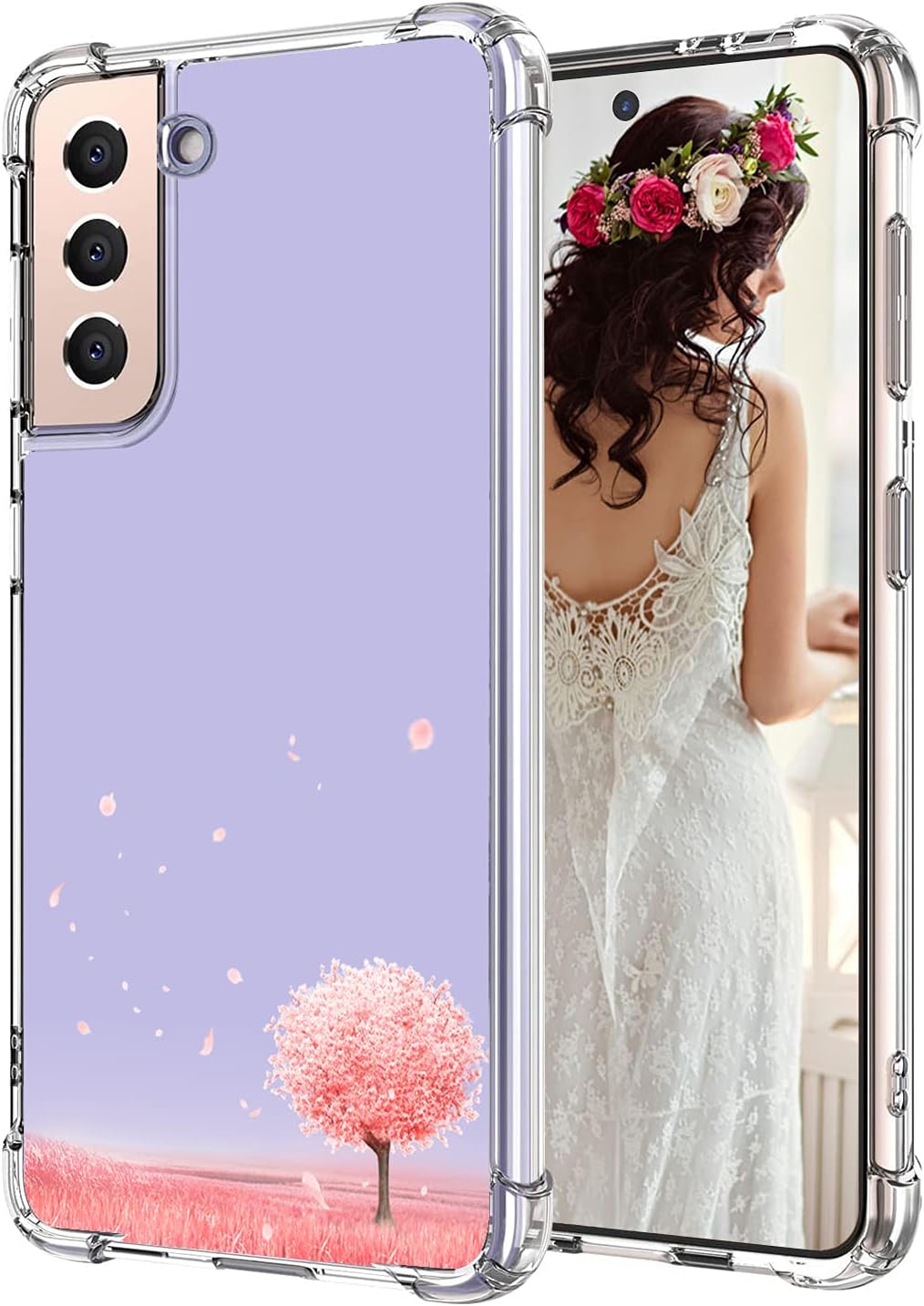 Compatible with Samsung Galaxy S21 Plus 5G 6.7 Inch Case 2021, Pink Tree Floral Design Full Body Protection Clear Flower Cover, Flexible Shockproof TPU Bumper Cover, Cherry Blossom