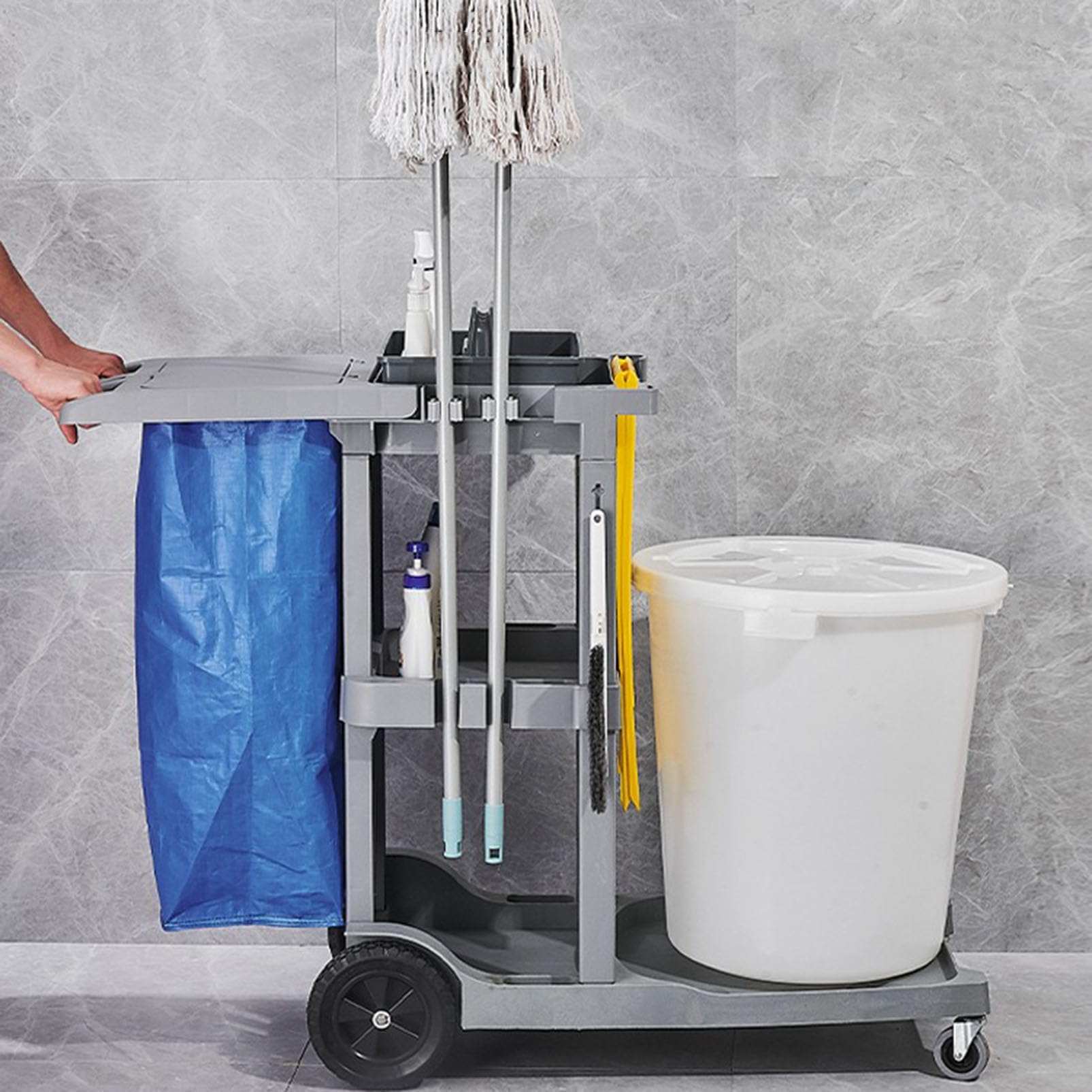 Carro de Limpieza Industrial Resistente con Organizador Multiusos y Soporte para fregona, Ideal para escuelas, comercios, hostelería y restaurantes.