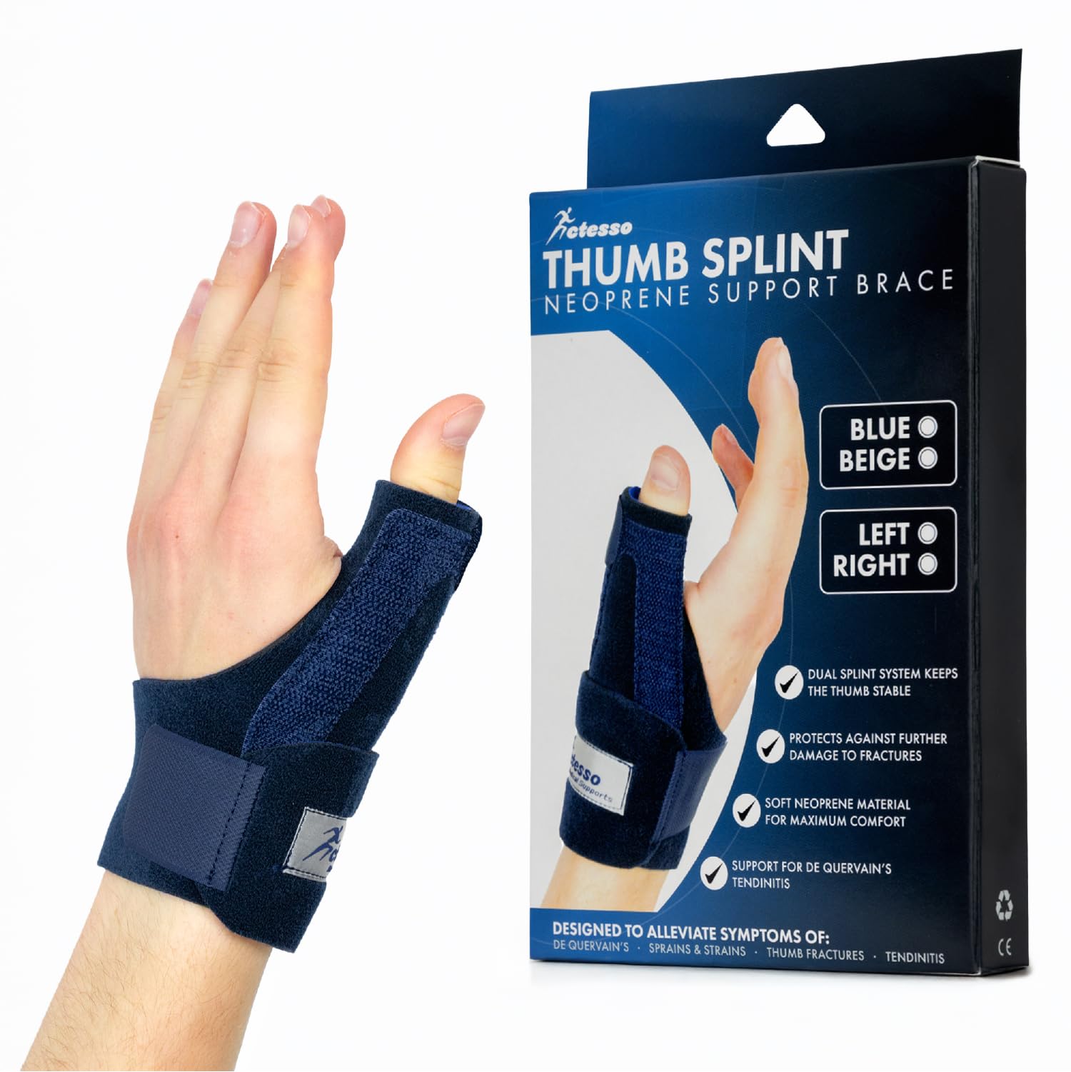 Actesso Neoprene Thumb Support Brace Spica - Splint to Relieve Thumb Pain & Injury, Wrist Tendonitis, De Quervain's, and Sprains. (Blue, Left Hand); Left or Right Available