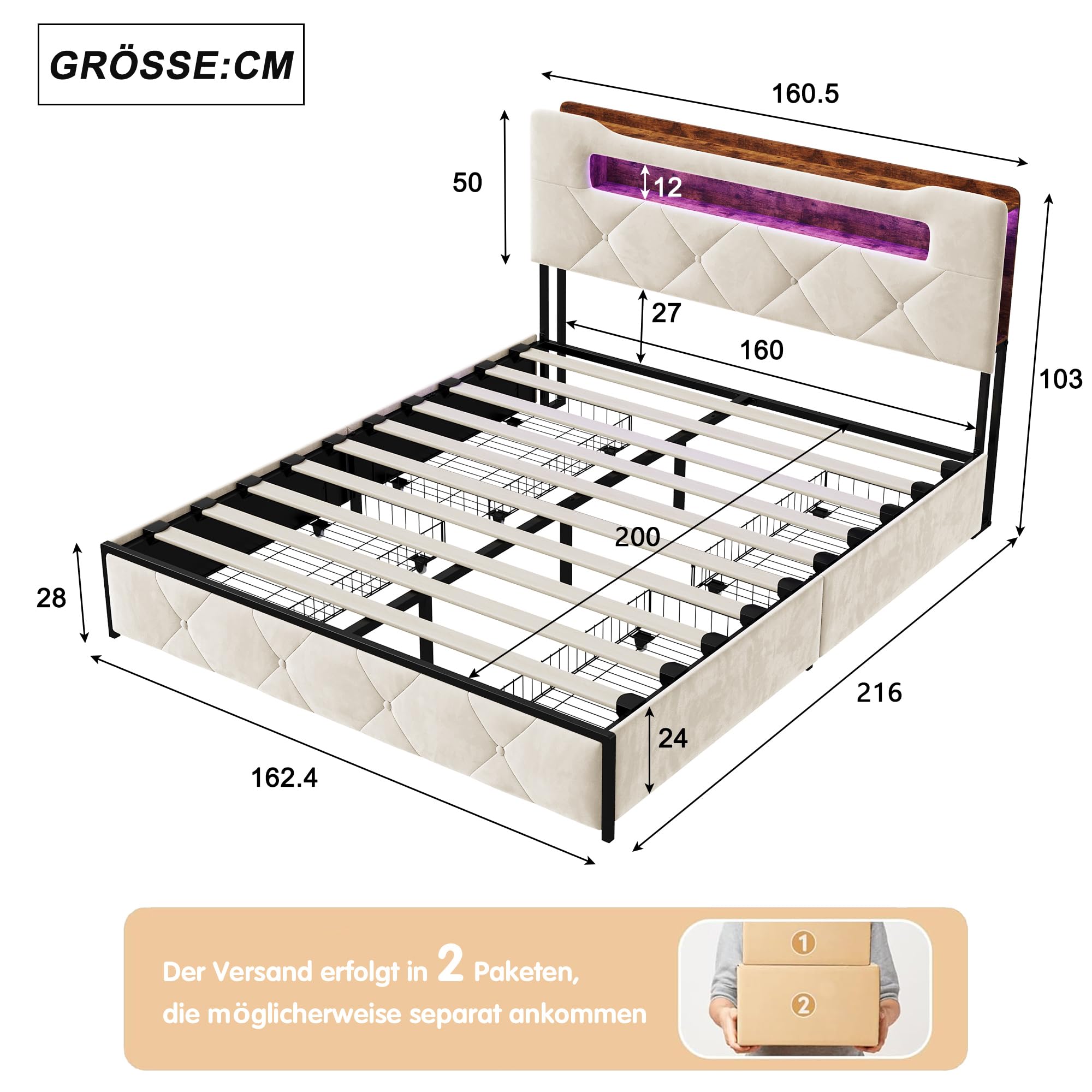 TITA-DONG Polsterbett 160x200cm mit LED und USB Ladestation, Stauraumbett mit 4 Schubladen und Staufach-Kopfteil, Doppelbett mit Lattenrost, Flanell, ohne Matratze (Beige A)