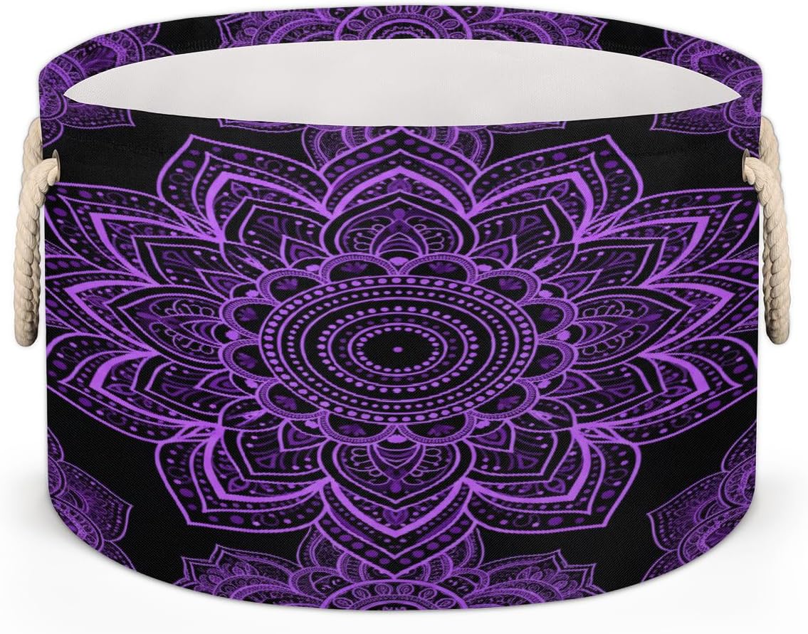 Large Storage Baskets - Purple Mandala Nursery Round Collapsible Organizer Bin Box, Laundry Hamper for Kids Toys, Blanket, Bedroom Living Room Home Decor, Gift Basket, 19.4"x13.3"
