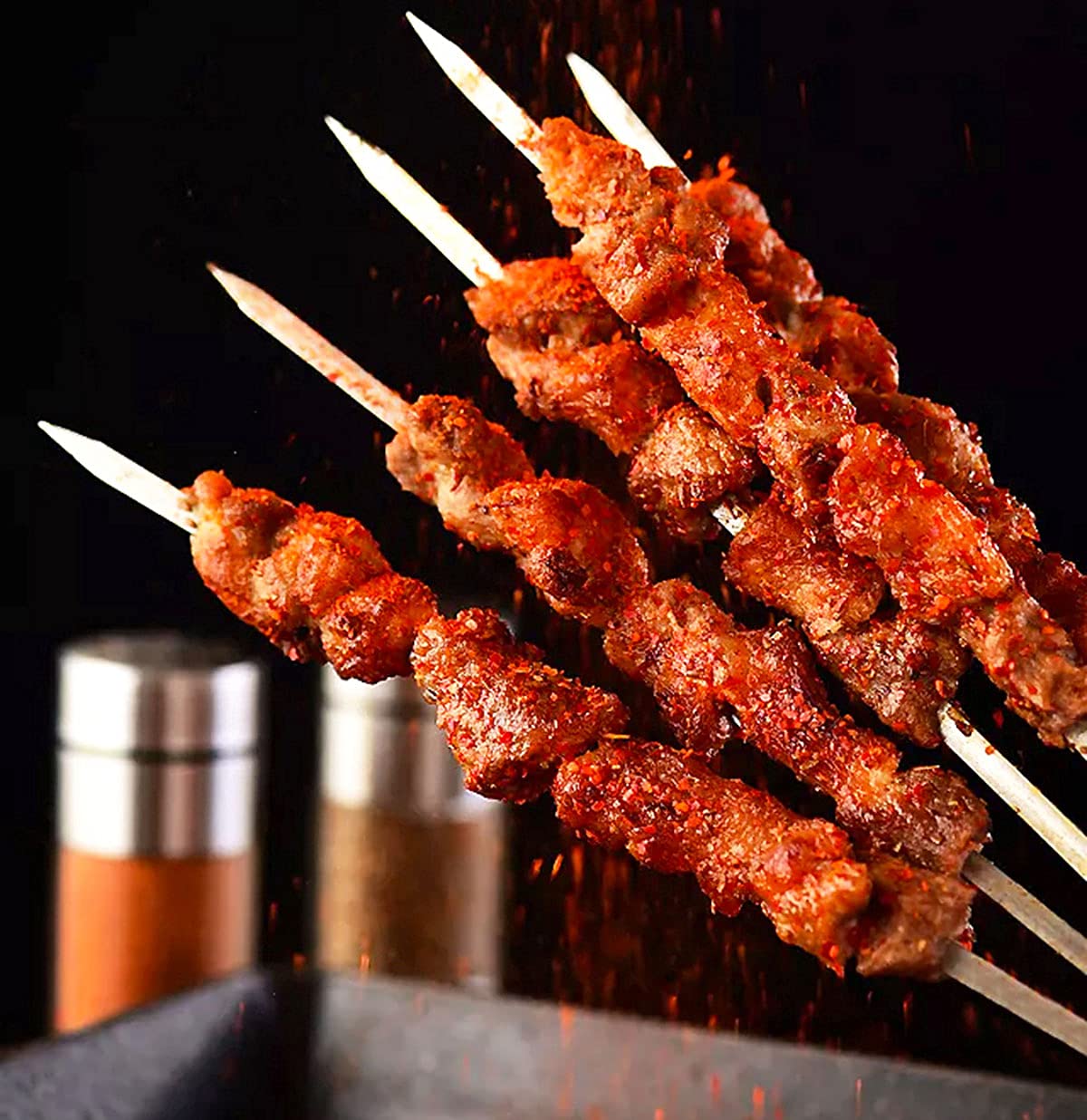 Brochetas de kebab, juego de brochetas de carne de kebab para barbacoa de acero inoxidable 304, palitos de brocheta de metal reutilizables planos para barbacoa, cóctel, artículos esenciales para fie