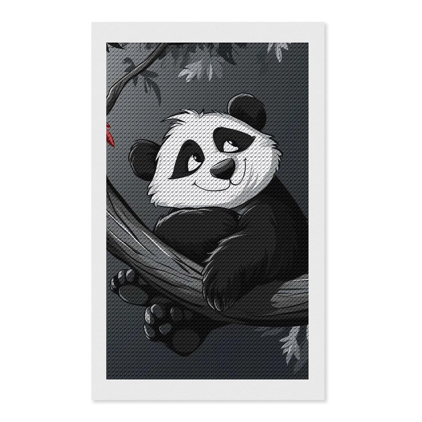 Junmoney Smiling Panda on Branch DIY Diamond Art Canvas Kit 12"x20", Adhesive Canvas, Easy to Enjoy, Farmhouse Decor, Festive Craft Gift