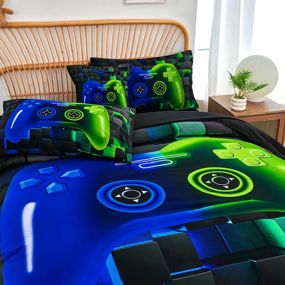 PERFEMET 6-Piece Game Twin Comforter Set for Kids Blue and Green Boys Gaming Bed in a Bag with Sheets Soft 3D Cool Fluffy Video Game Console Bedding Set for Girls Teen(Blue Green, Twin) - Image 7
