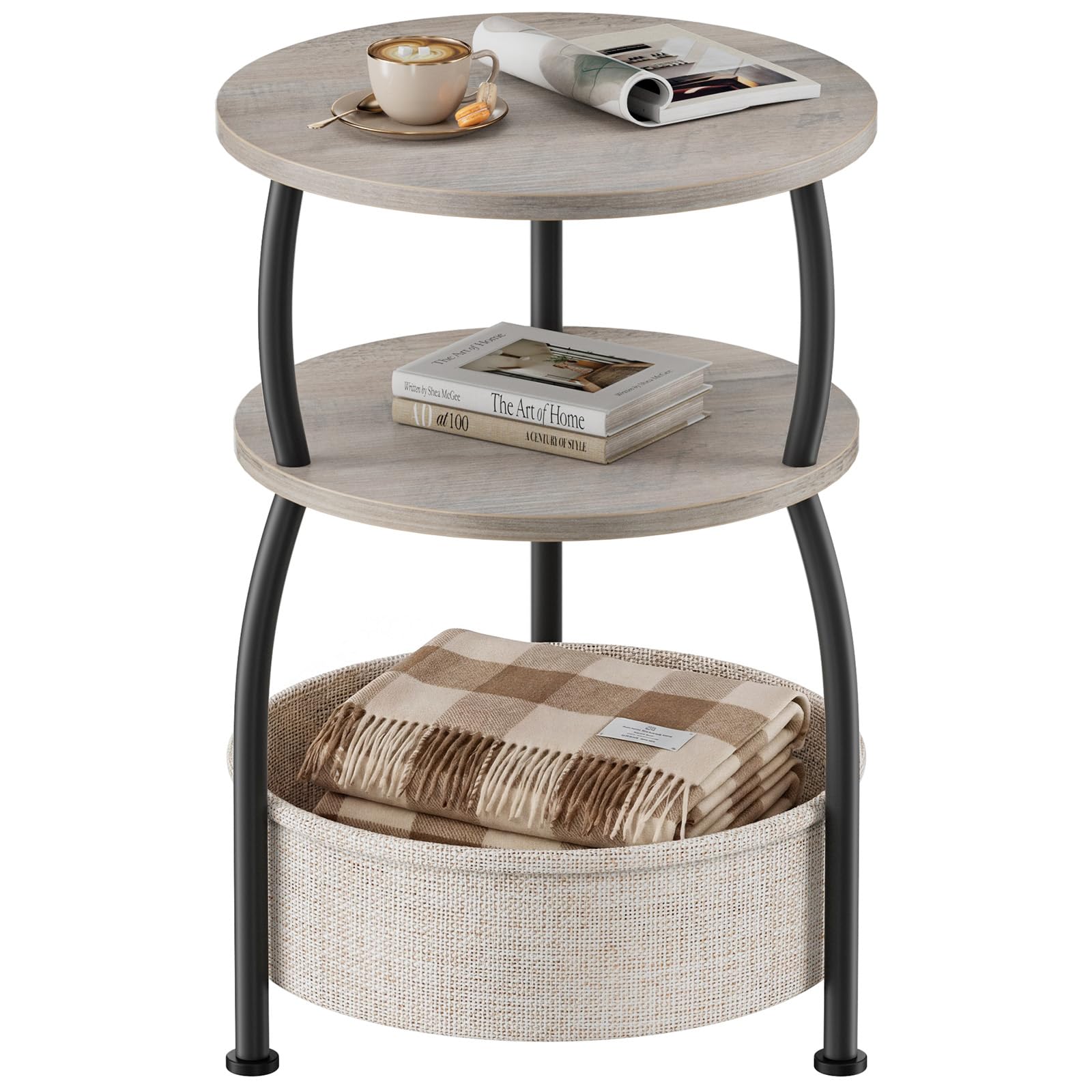 Yuede Side Table with Fabric Basket, Round End Table, 3 Tier Bedside Table, Coffee Table for Living Room, Bed Room, Modern, 40 x 61 cm, Gray