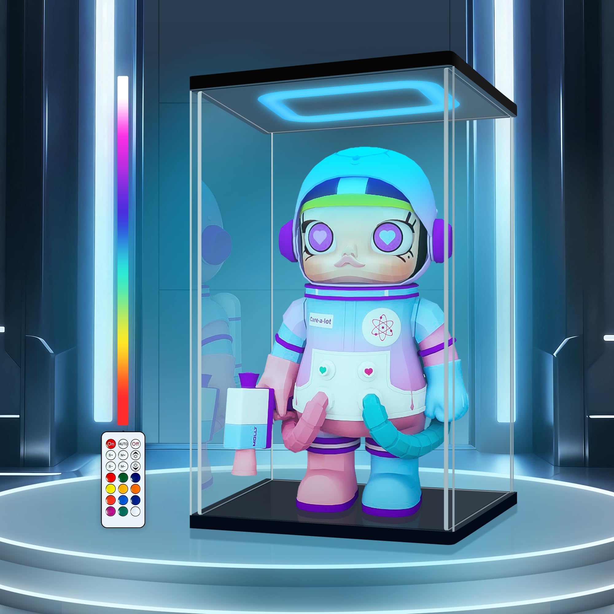 Acryl Vitrine, Schaukasten mit RGB LED für Popmart MEGA 400%, 25x22x40cm