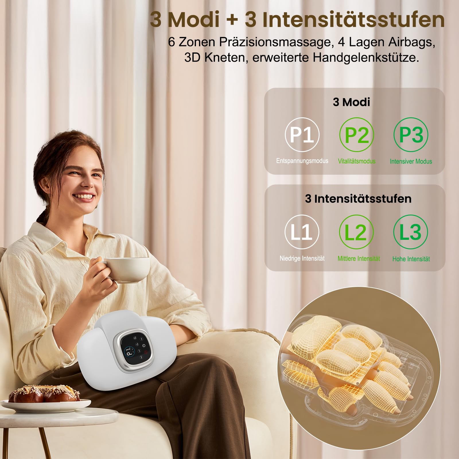 Handmassagegerät, Hand Massager mit 3 Gänge Airbag Kompression, Handgelenk Massagegerät mit Speicherfunktion, Massage Hand mit Rotes, Blaues und Grünes Licht, Interne Externe Wärme, Schmerzen lindern