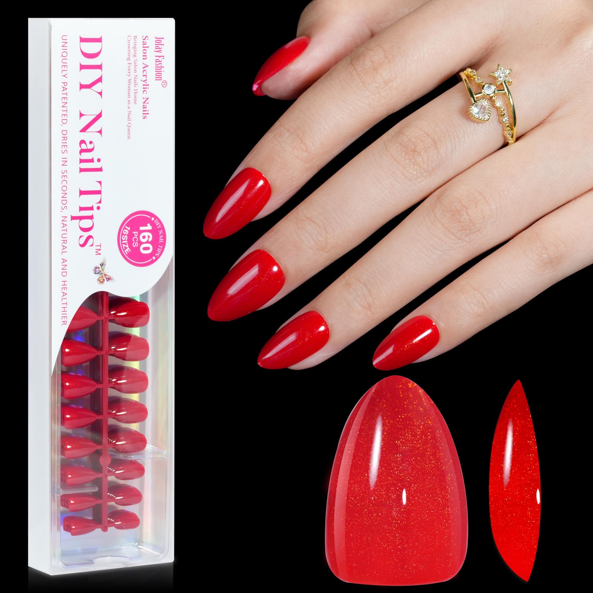Jofay Fashion Christmas Fiery Red Press on Nails Set, 160Pcs Short Almond Fake Nails with Fine Glitter Glossy Acrylic False Nails Reusable Full Cover
