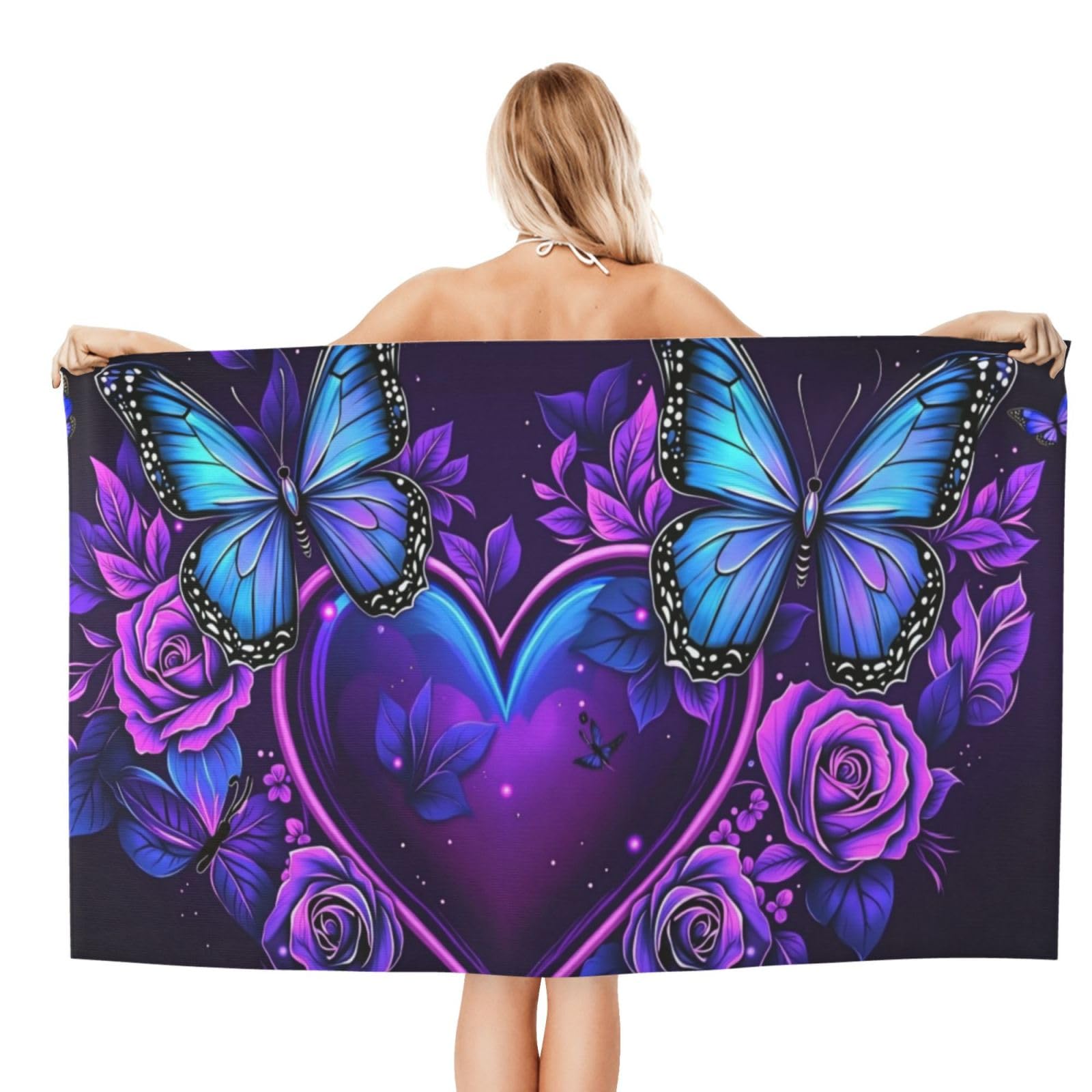 Anceky Beach Towel for Women, Butterfly Heart Roses Sand-Free Microfiber Ultra Soft Lightweight Bath Towels for Outdoor Bathroom Swimming 32"X52"