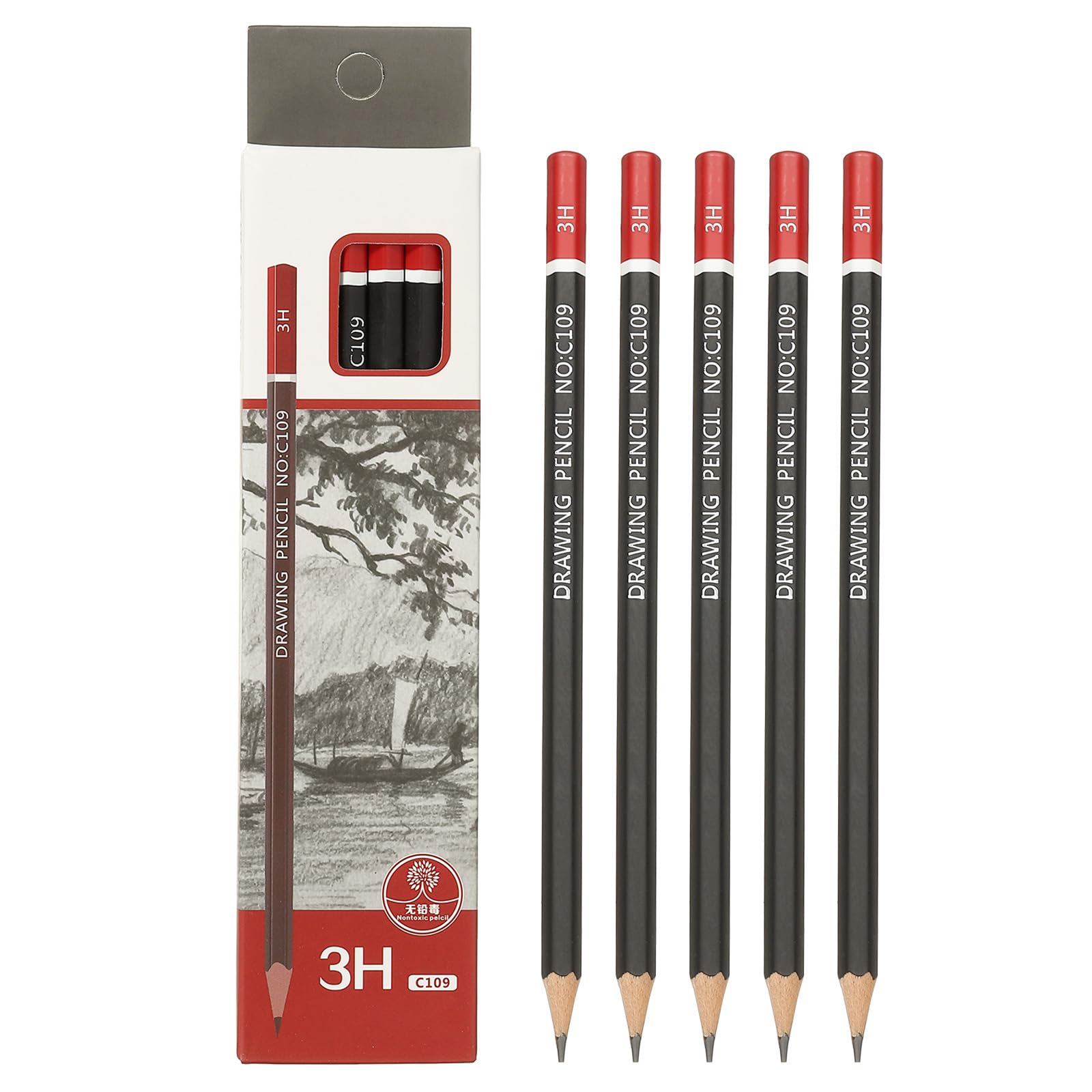 PATIKIL 3H Drawing Pencils for Sketching 12PCS Sketch Pencils for Drawing Art Pencils Graphite Wood Pre-sharpened for Drawing Sketching Artists 3H Pencils Black Red Rod