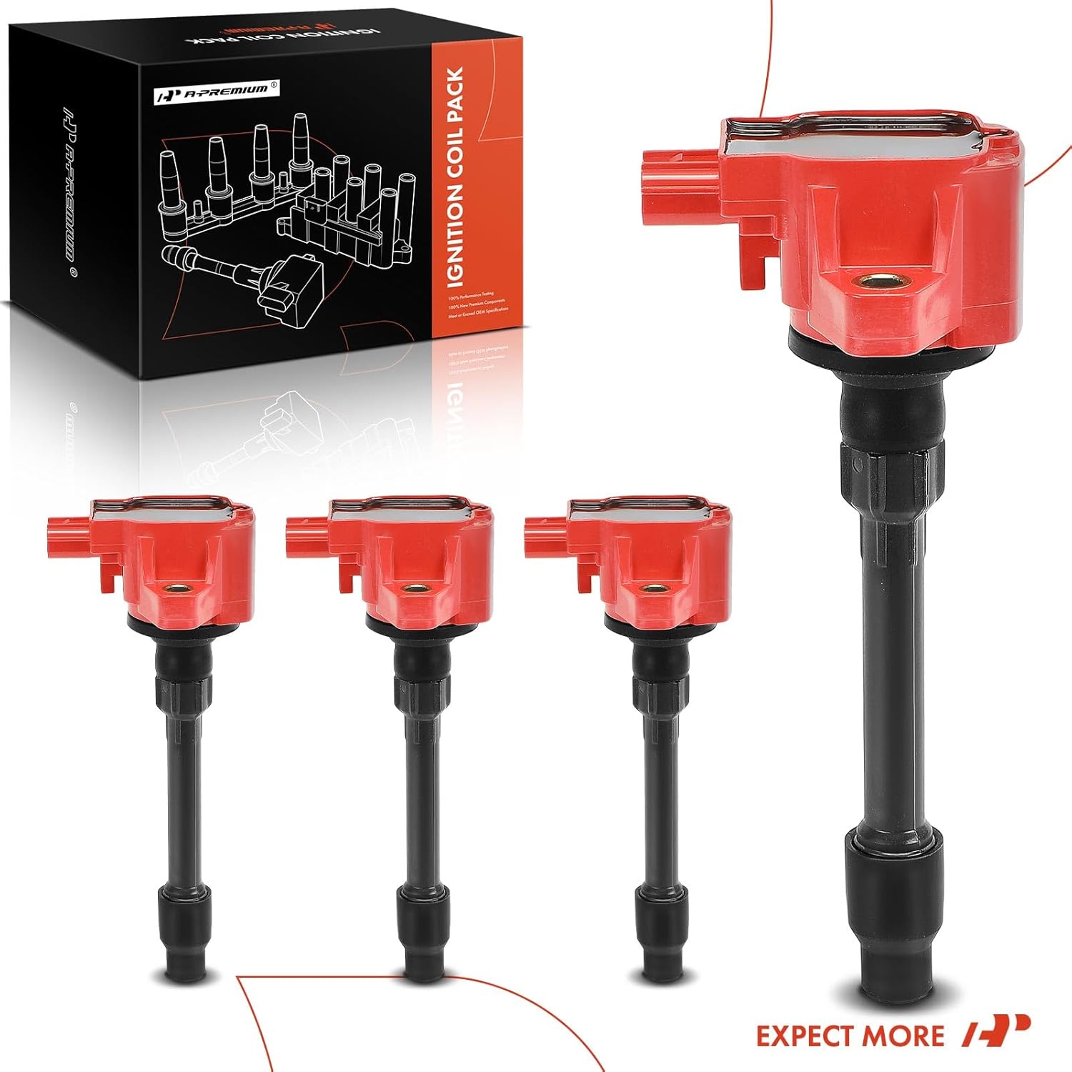 A-Premium (Red) Engine Ignition Coil Pack Compatible with Honda Civic 2016-2020 2.0L, Fit 2015-2020, 4-PC Set, Replace# 305205R0013