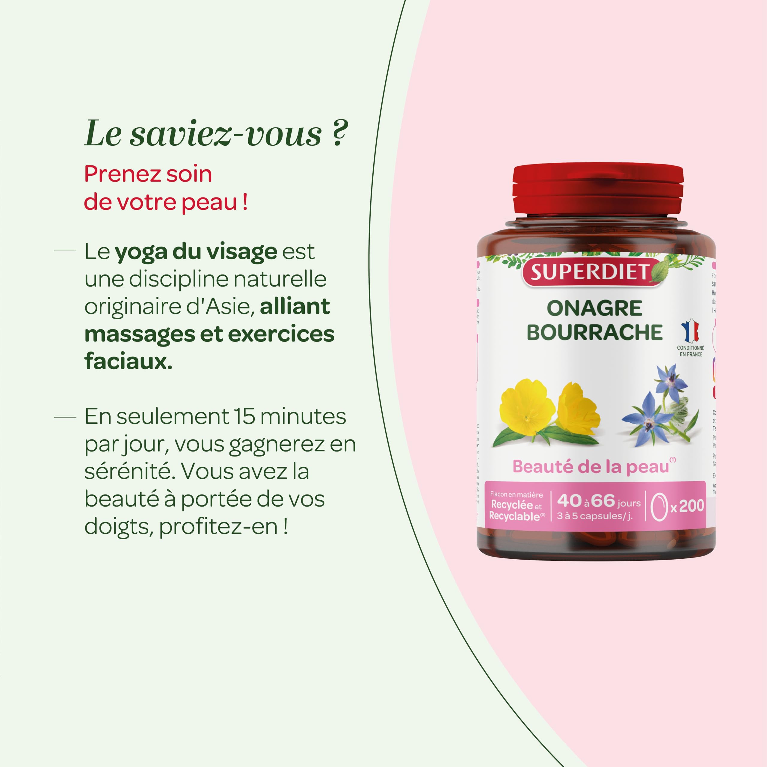SUPERDIET –HUILE D'ONAGRE BOURRACHE – Beauté de la peau – Phytothérapie – Conditionné en France – 200 capsules