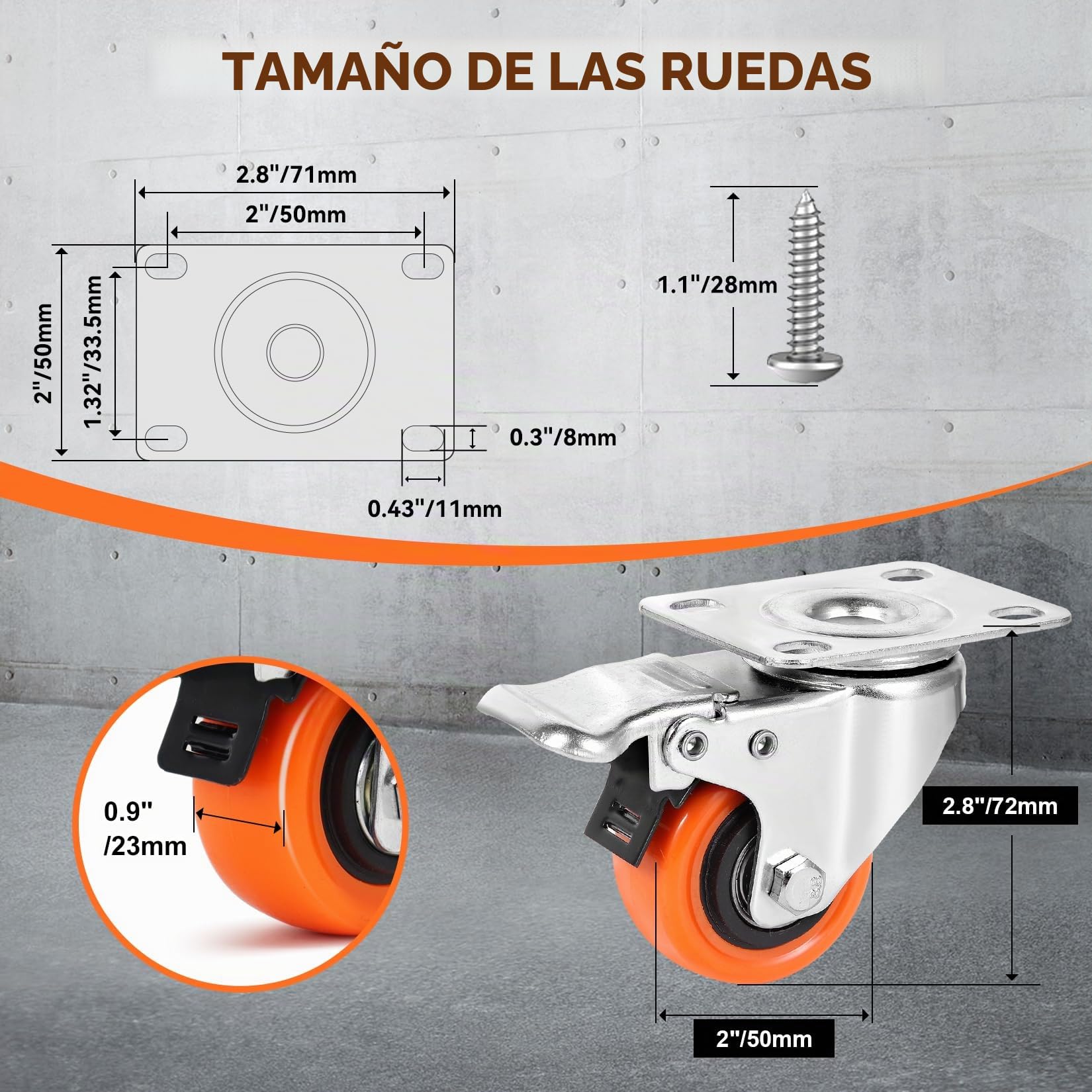 W B D WEIBIDA 50mm Ruedas para Muebles con 4 Doble Freno, Silencioso&Duradero Ruedas Giratorias Pequeñas Poliuretano Carga de 270KG, Ruedas para Muebles Pesados, Carros, Carretillas, Muebles, Set de 4