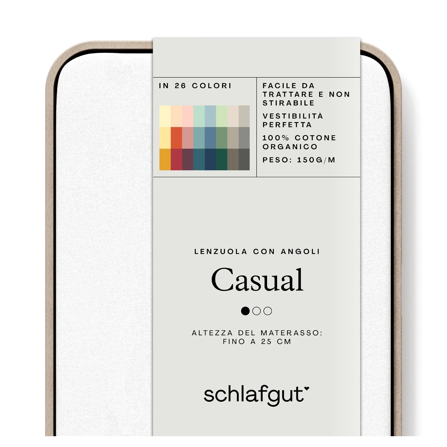 schlafgut Casual Lenzuolo con angoli da 180x200cm a 200x200cm, 100% cotone organico, Full-White