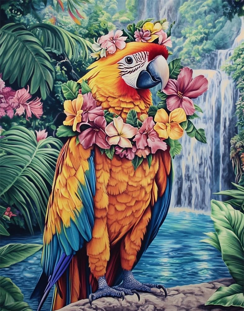 Henypt Cross Stitch Kits for Adults Pre Printed, Parrot Wearing A Flower Wreath with DIY 11Ct Embroidery Sewing Starter Kit Stamped Needlework Easy Beginners (Stamped Home)