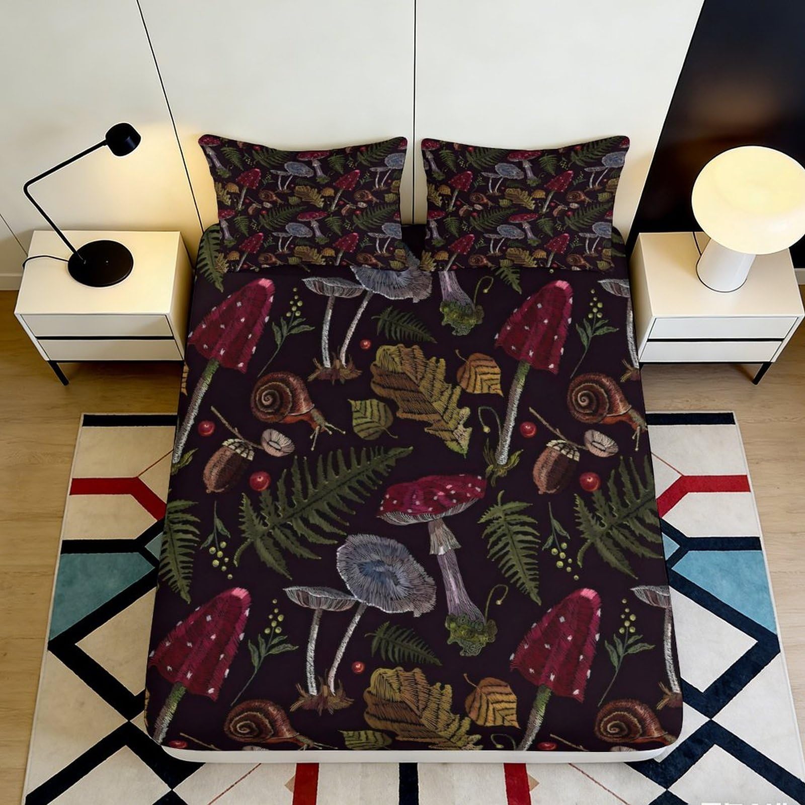3D Printed Mushroom Forest Fitted Sheet Microfiber Soft Woodland Fern Bed Sheet Decor for Bedroom Guest Room 90x200x25cm
