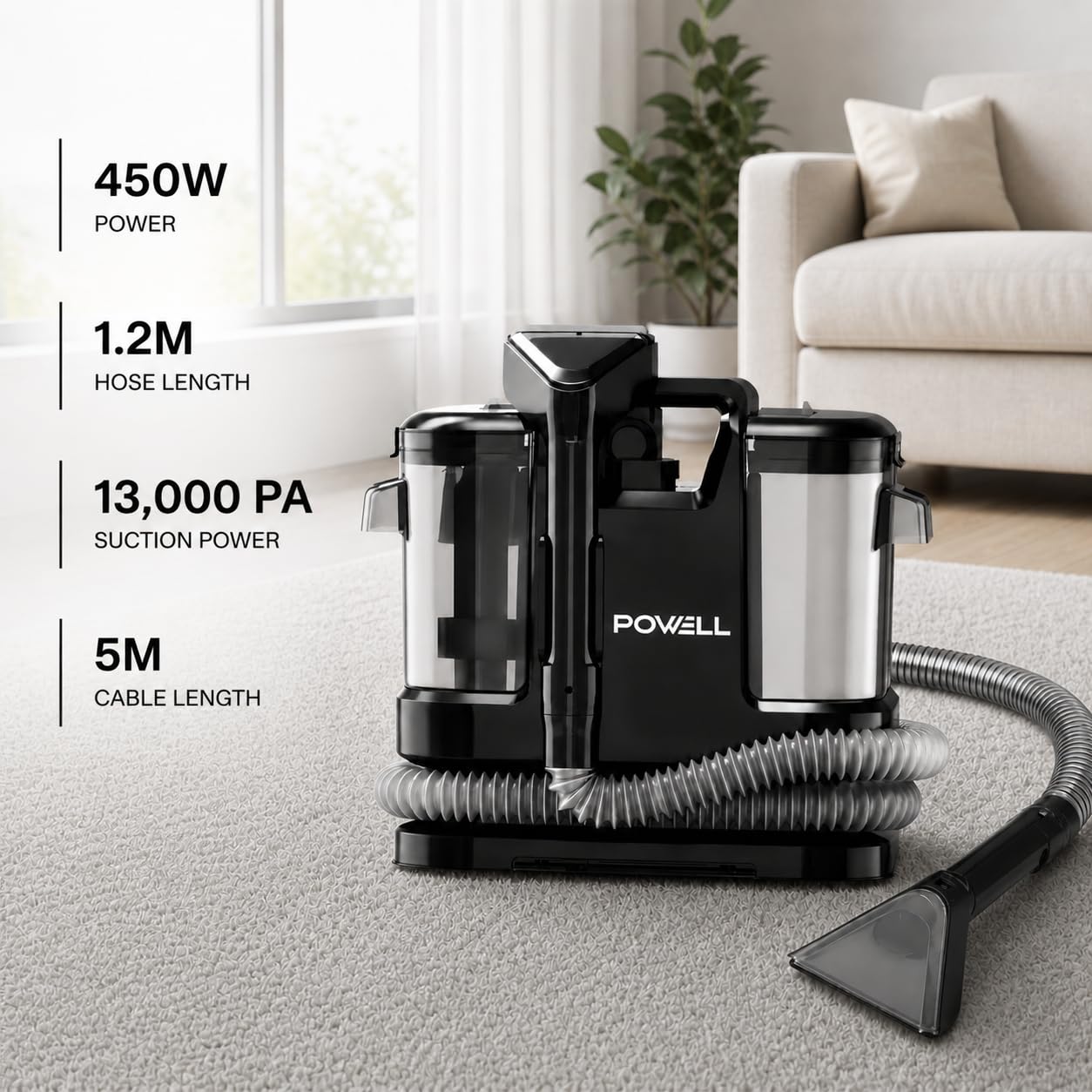 Powell Pulitore Portatile Per Tappeti E Smacchiatore – Pulitore Per Divani E Macchie Ad Asciugatura Rapida Da 450 W Per Mobili, Tappeti, Materassi E Tappezzeria Auto (Nero)