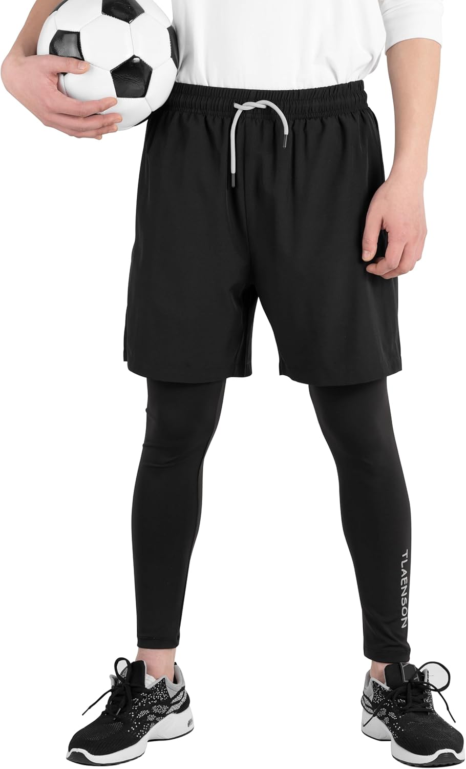 TLAENSON Boys Compression Pants Kids 2 in 1 Football Sports Leggings with Shorts with Zipper Pockets