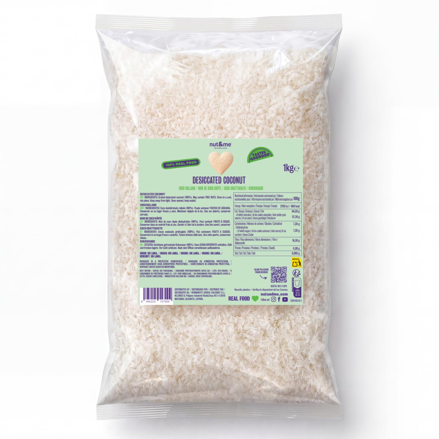 nut&me Coco rallado deshidratado de Sri Lanka 1 kg | Natural sin azúcar añadido, conservantes ni aditivos | Alto contenido en fibra | Sin Gluten | Perfecto para Repostería
