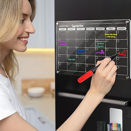 Miniatura 2 de Calendario acrílico magnético para nevera, 2 piezas de 16 x 12 pulgadas, mensual y memorándum reutilizable, pizarra de borrado en seco, calendario