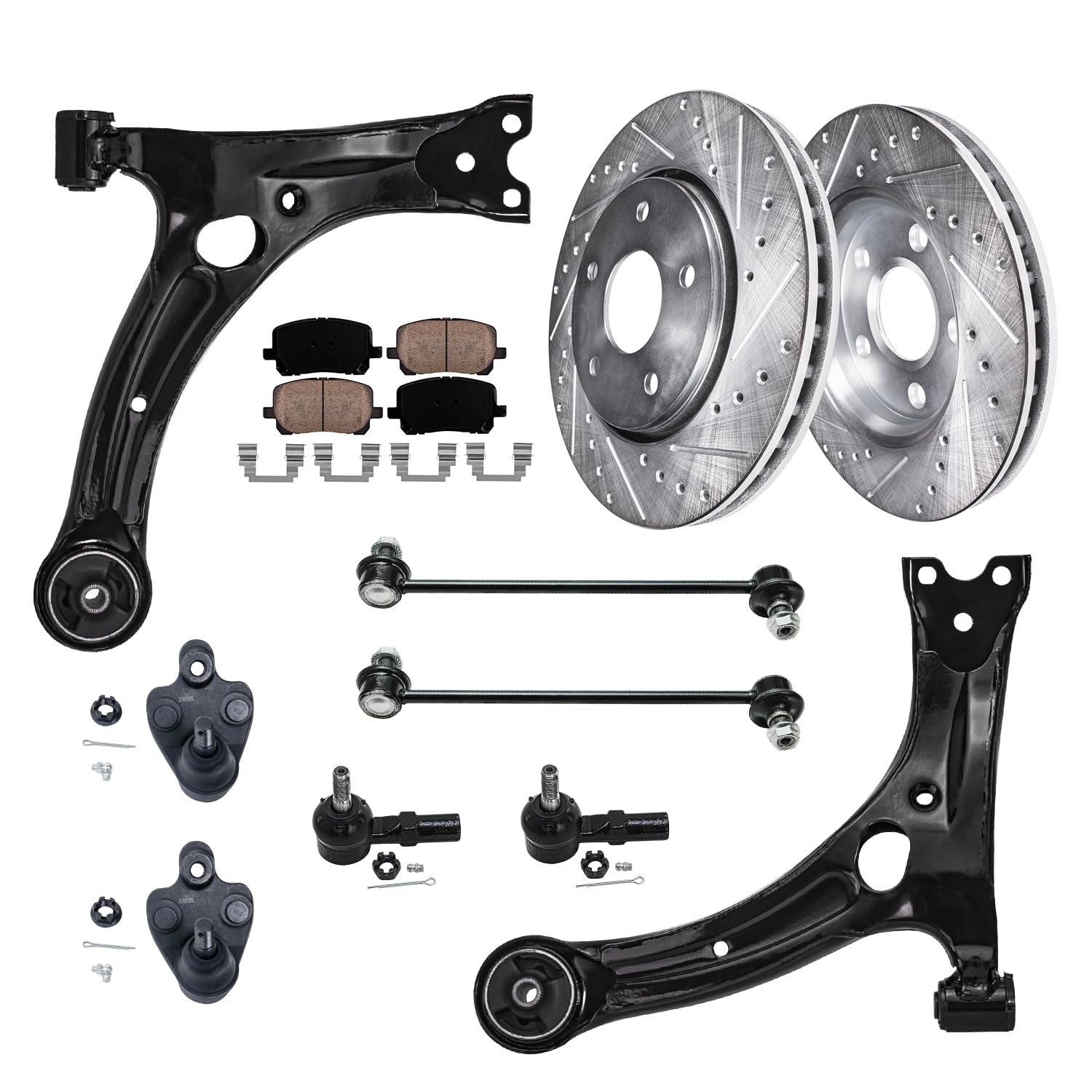 Detroit Axle - Front Brake Kit for 03-08 Toyota Matrix Pontiac Vibe Drilled and Slotted Brake Rotors Ceramic Brakes Pads Lower Control Arms Ball