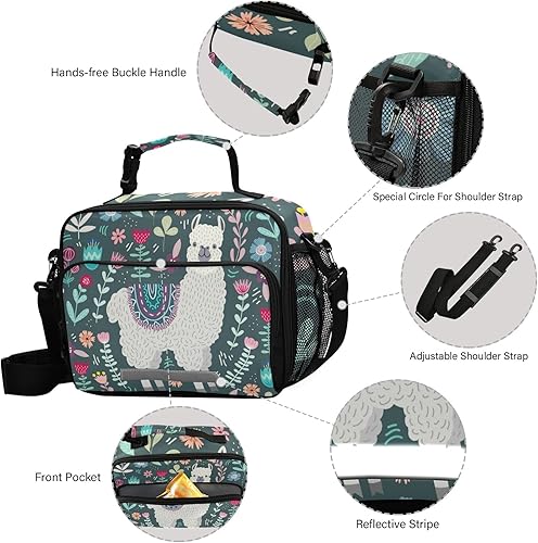 Miniatura 4 de Naanle Bolsa de almuerzo con estampado de llama y flores de dibujos animados con correa ajustable para el hombro, aislada, a prueba de fugas, caja