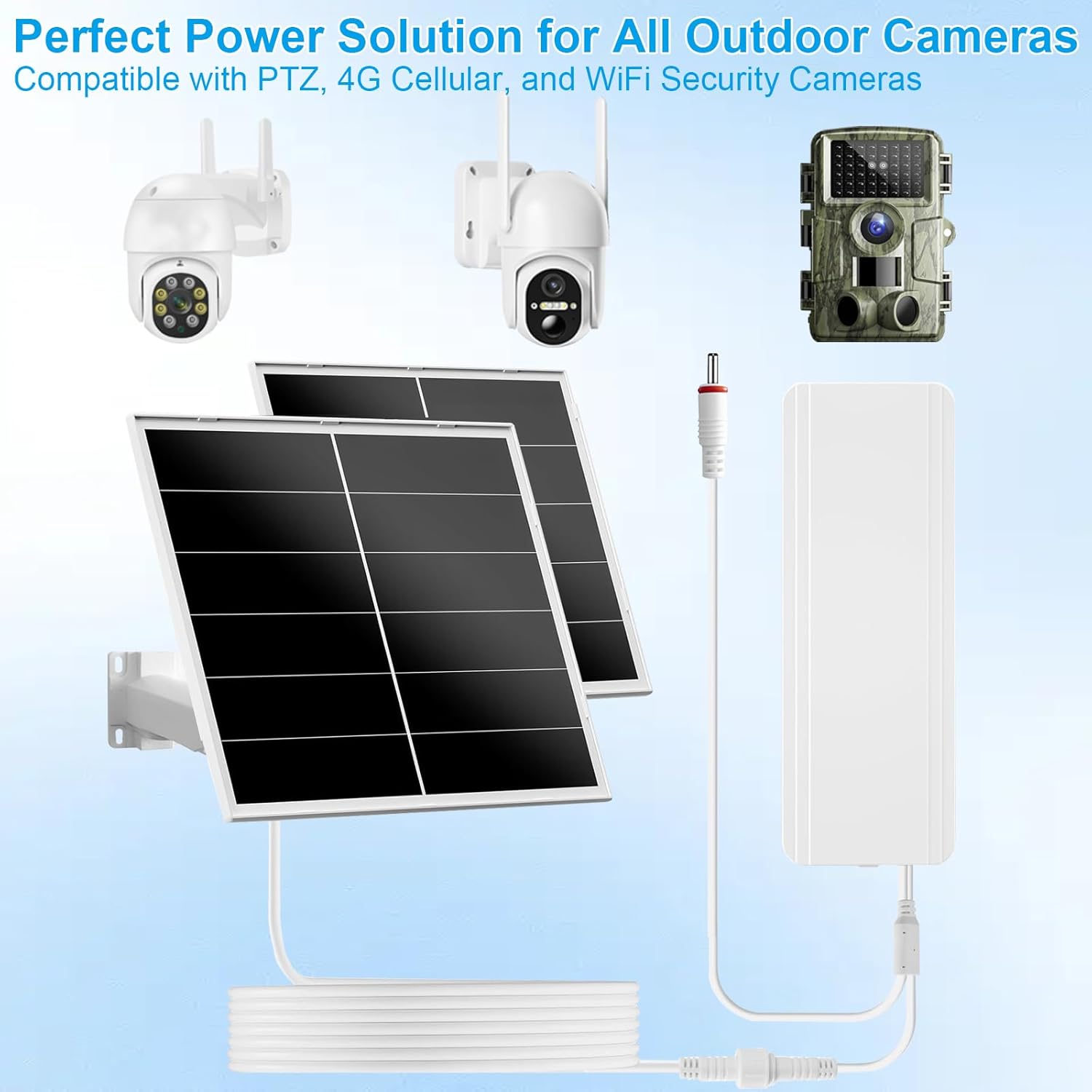 40W Solar Panel Kit and 24000mAh Battery for PTZ Security Cameras, 5V/12V Adjustable Output, USB-C & DC Plugs, 360° Mount, IP66 Waterproof