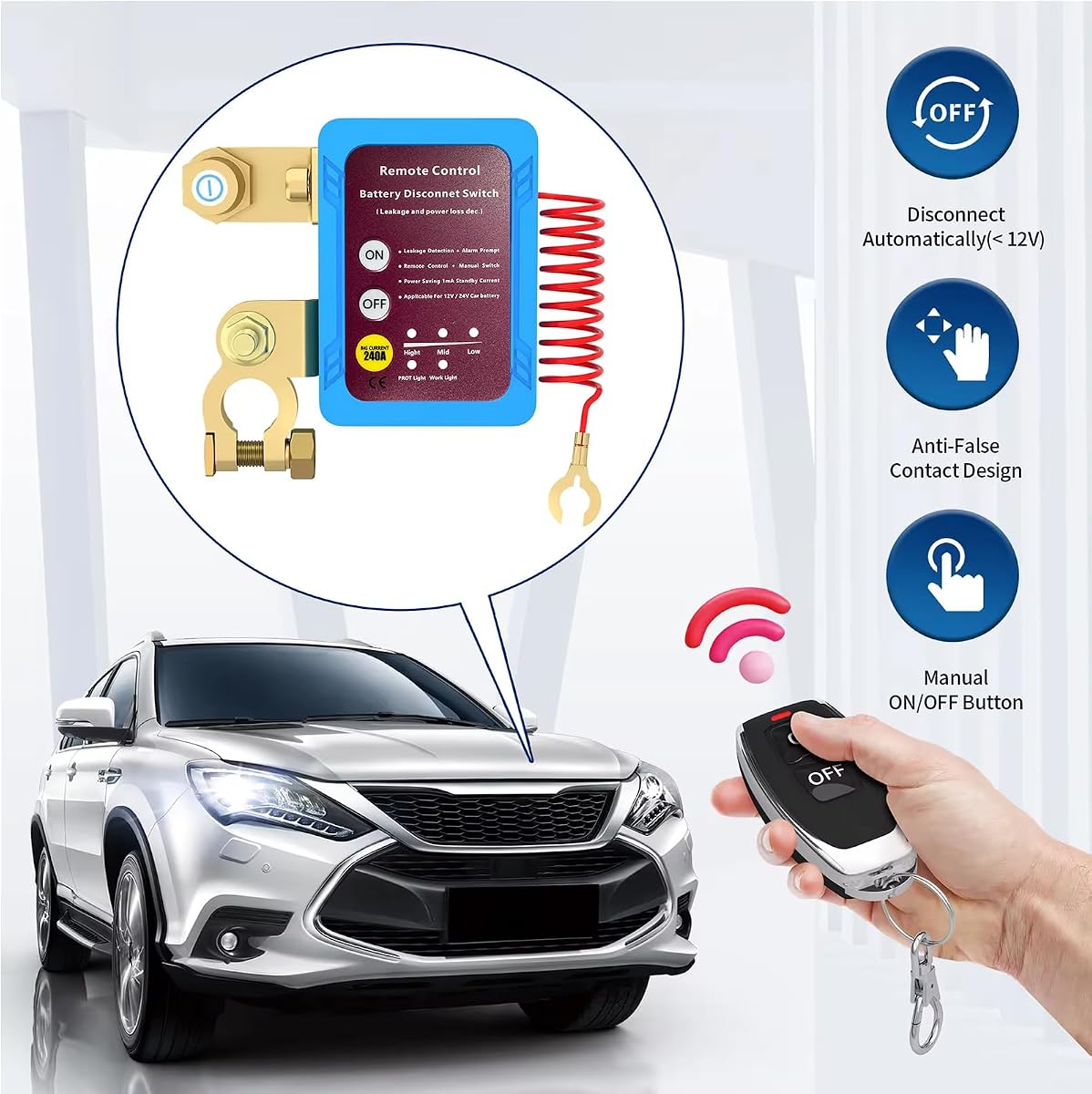 AULESSE Car Battery Disconnector, 12V 240A Short Current Car Battery, Remote Battery Disconnect Switch with 2 Remote Control, — view 2