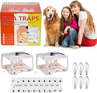 Flea Trap 2 Pack Flea Light Trap Indoor with 8 Glue Discs 6 Light Bulbs, Pest Control, Natural Insect Trap, Non-Toxic, Odorless Safe for Family (Pearl White)